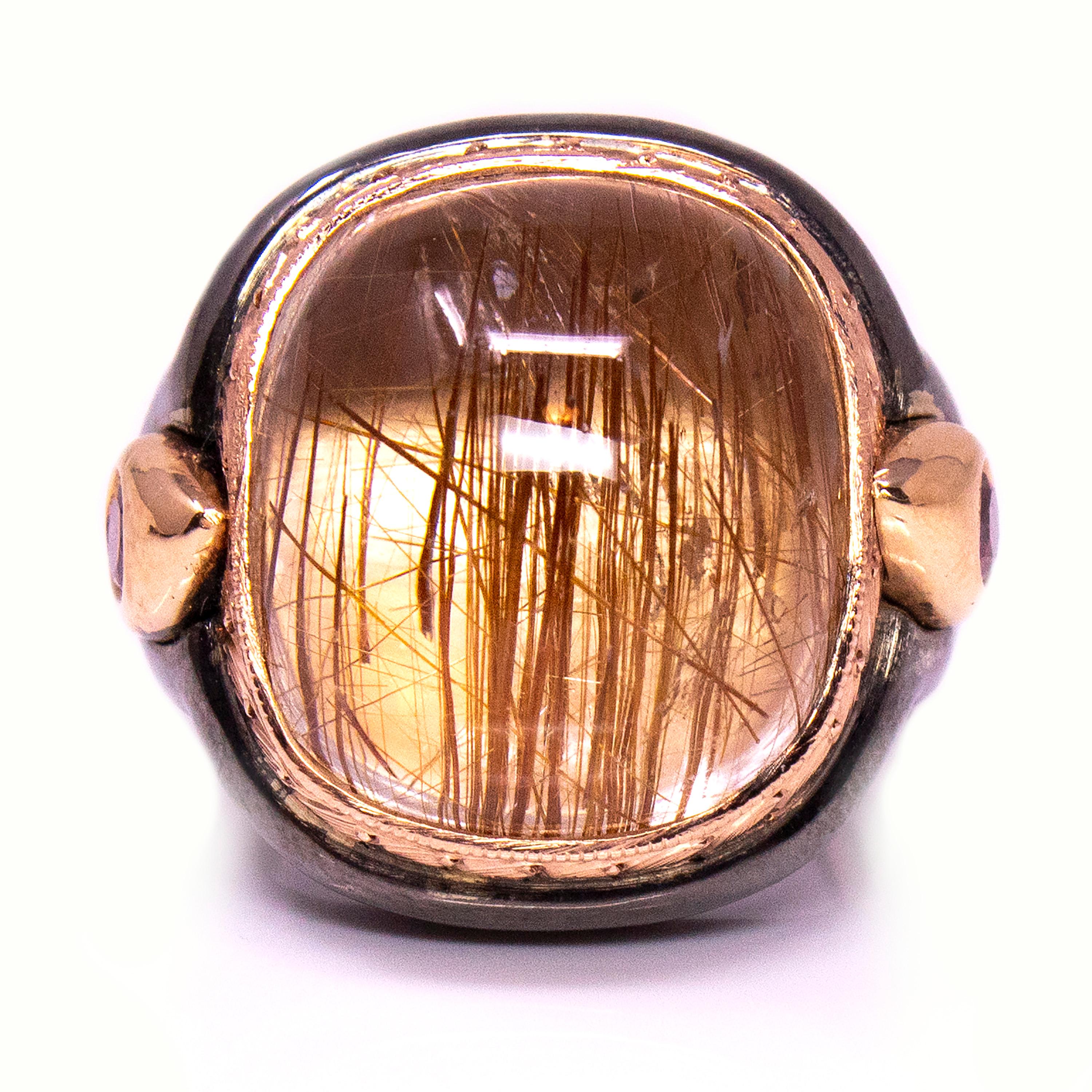 38.5ct Rutillated Quartz and Cognac Diamond 18kt Engraved Ring by Dan Peligrad In New Condition In Logan, UT