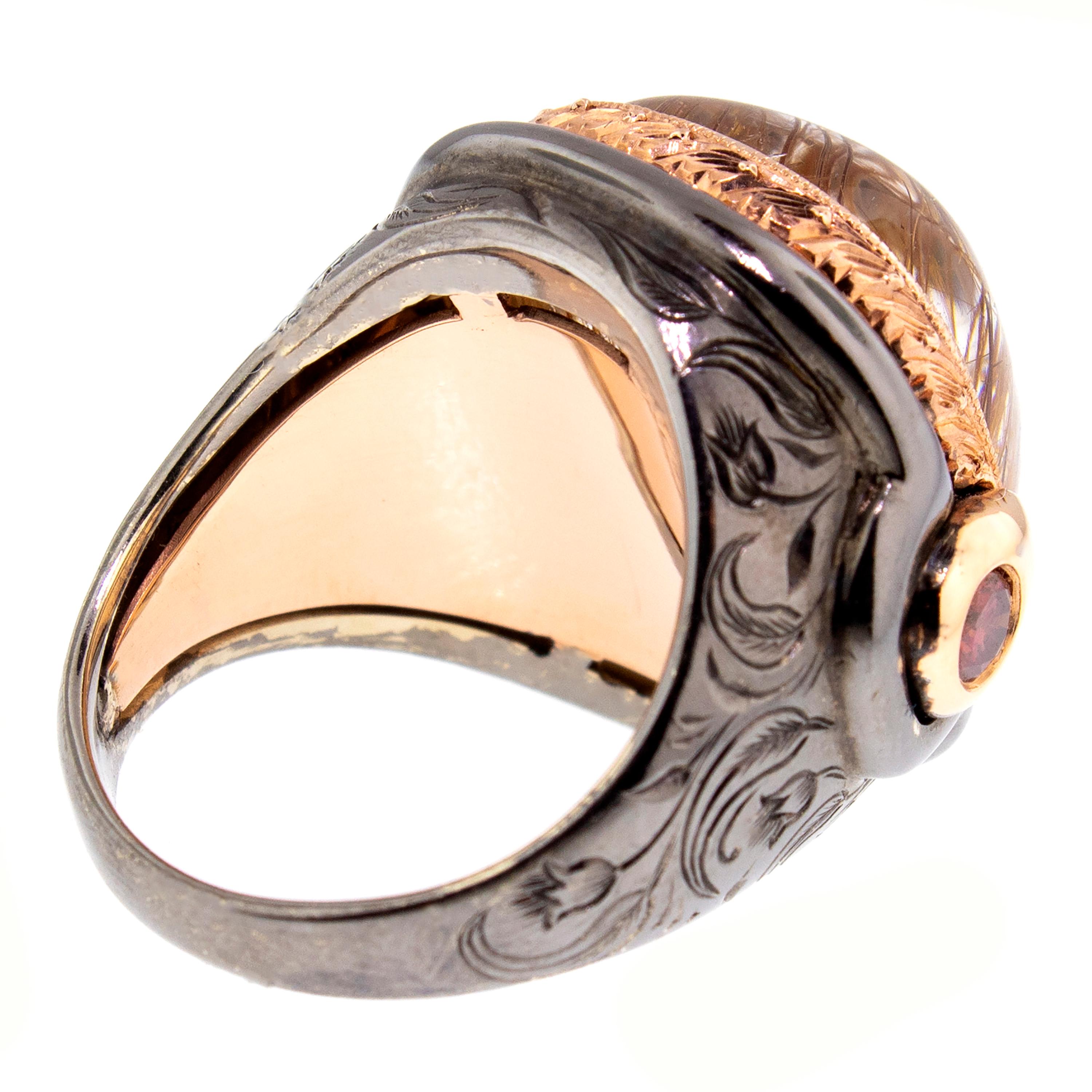 38.5ct Rutillated Quartz and Cognac Diamond 18kt Engraved Ring by Dan Peligrad 1