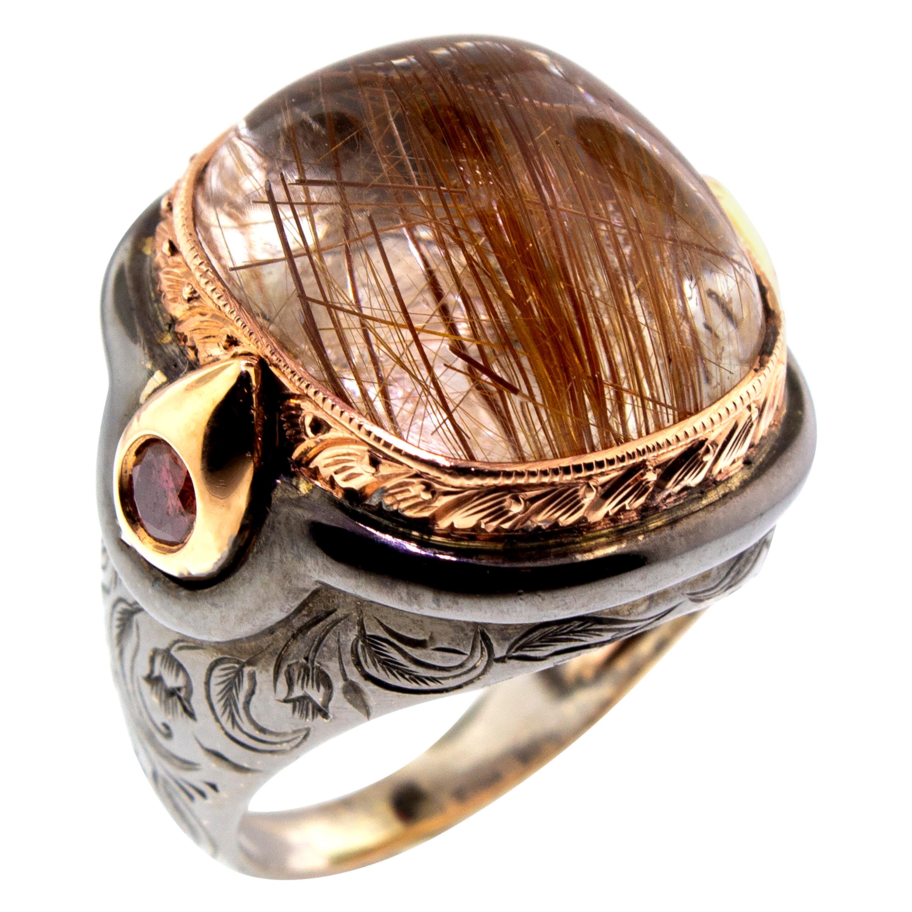 38.5ct Rutillated Quartz and Cognac Diamond 18kt Engraved Ring by Dan Peligrad