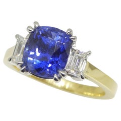 3.85ct Sapphire & Diamond Ring 18k Yellow & White Gold, GIA Certified Unheated
