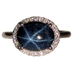 3.85ct Star Sapphire Ring w Natural Diamond Halo in Solid 14K Gold OV 10x8mm