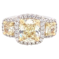 3.85CT T.W. Henri Daussi Canary Light Fancy Yellow Cushion Cut Engagement Ring