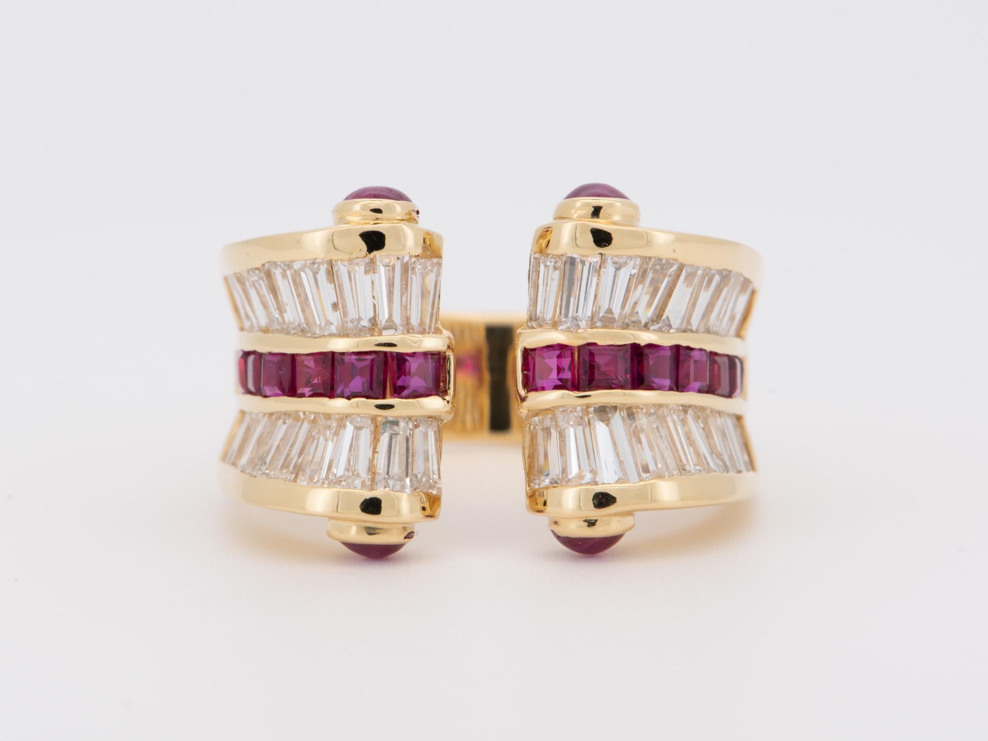 ♥ Diamond and Ruby Baguette Open End Band 18K Gold
♥ The face of the ring measures 21mm in width (East West direction), 14.3mm in length (North South direction), and sits 4.7mm tall from the finger. The band is 5.4mm wide.

♥ US size 7 (Not