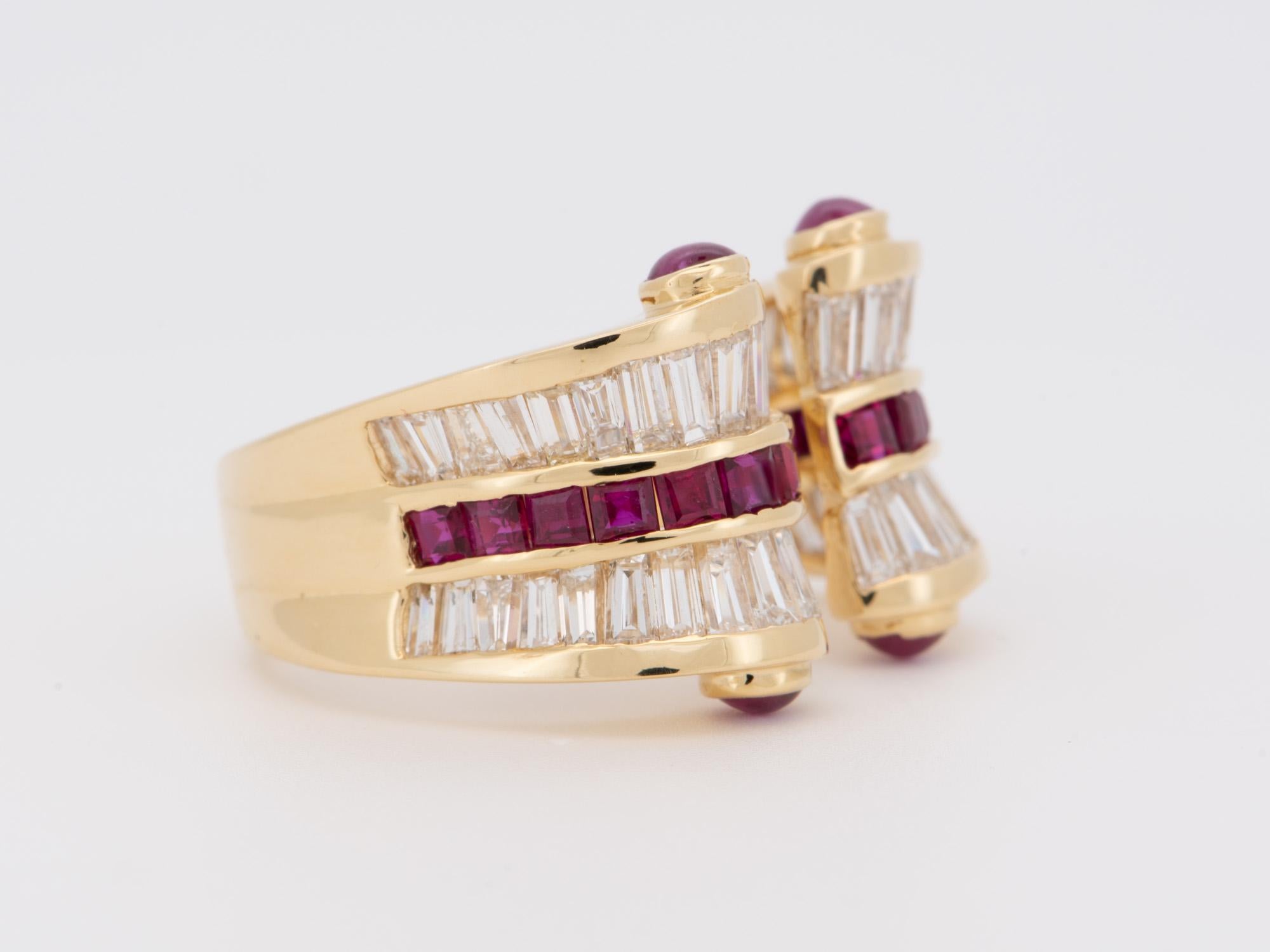 Baguette Cut 3.85ctw Diamond and Ruby Baguette Open End Band 18K Gold R6729 For Sale