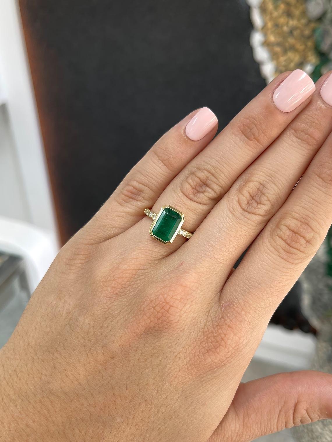 3.85tcw 18K Deep Rich Green Emerald Cut Emerald & Diamond Accent Engagement Ring For Sale 1