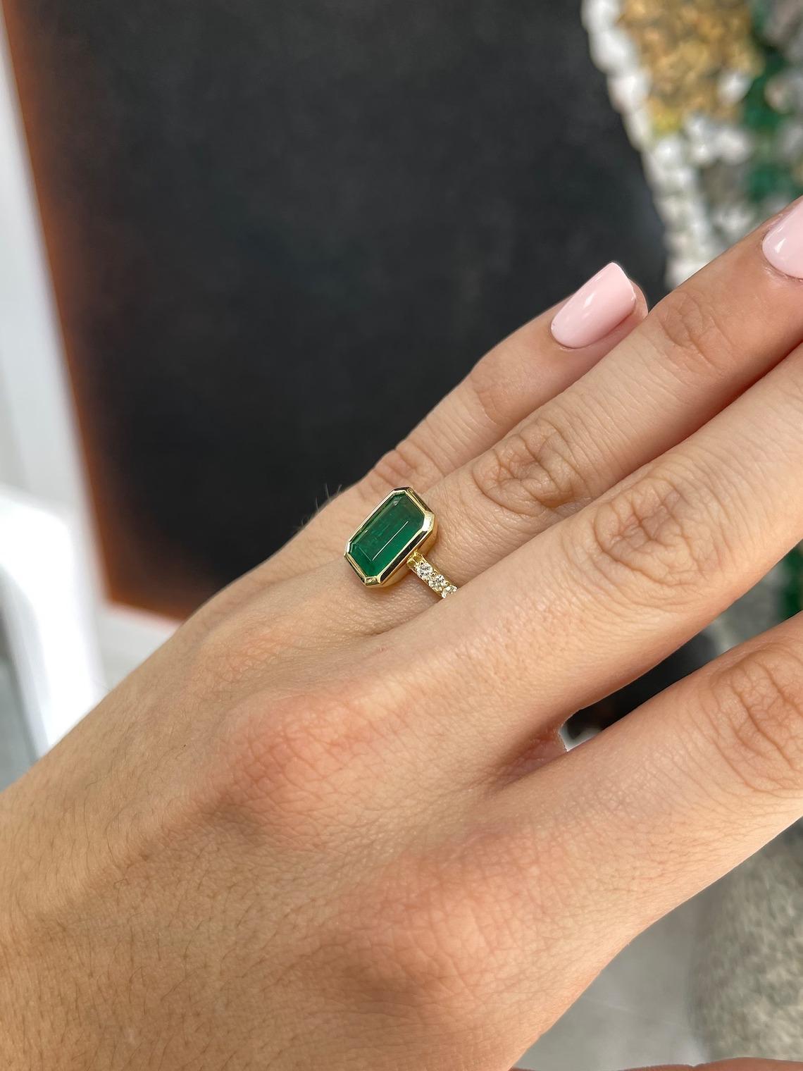 3.85tcw 18K Deep Rich Green Emerald Cut Emerald & Diamond Accent Engagement Ring For Sale 2