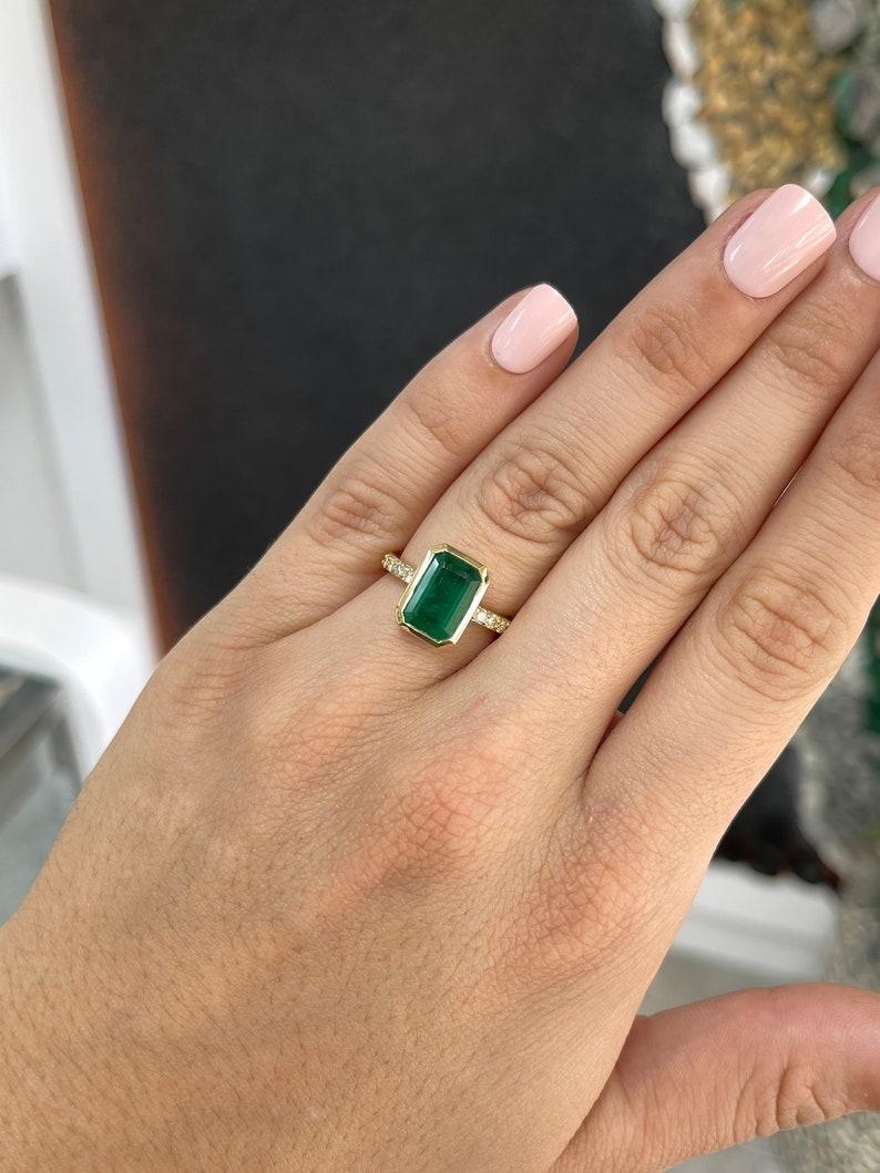 3.85tcw Emerald Cut Emerald & Diamond Accent 18K Yellow Gold Engagement Ring For Sale 1
