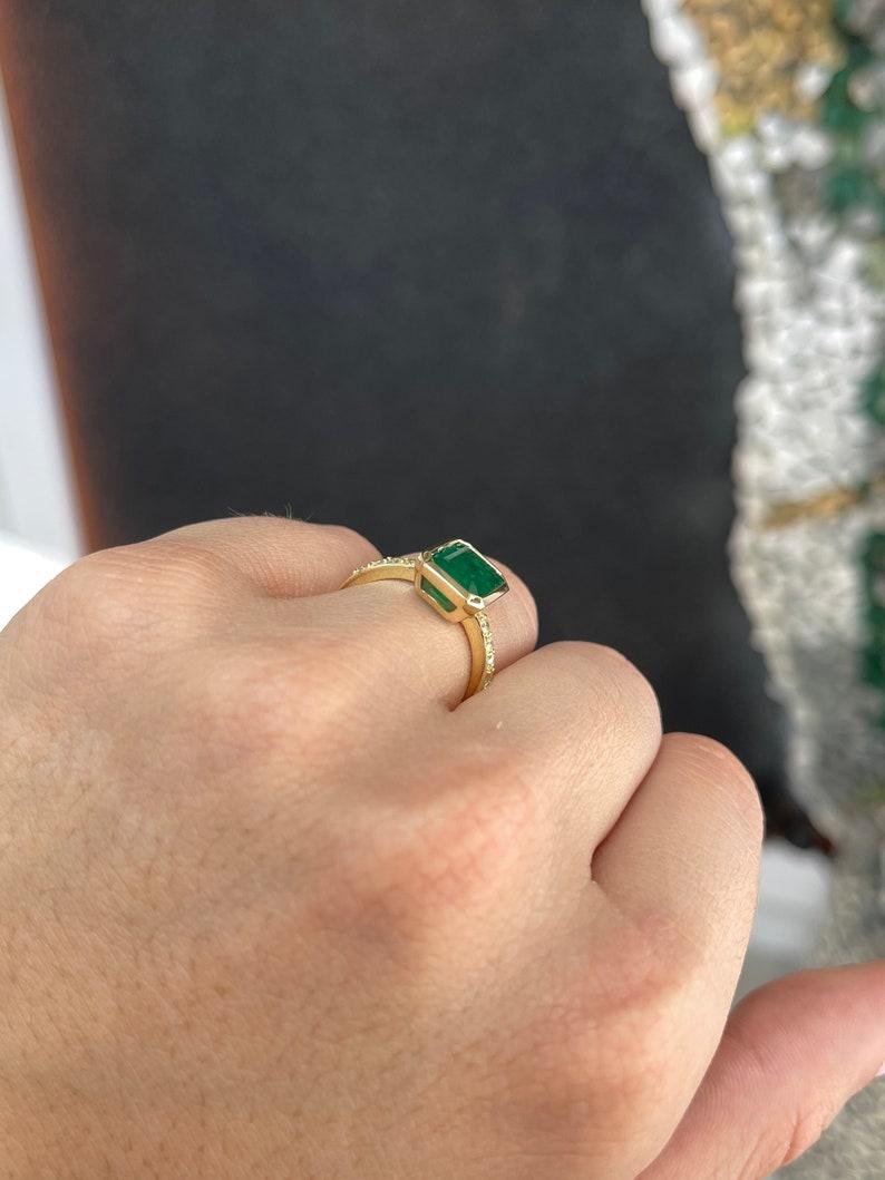 3.85tcw Emerald Cut Emerald & Diamond Accent 18K Yellow Gold Engagement Ring For Sale 3