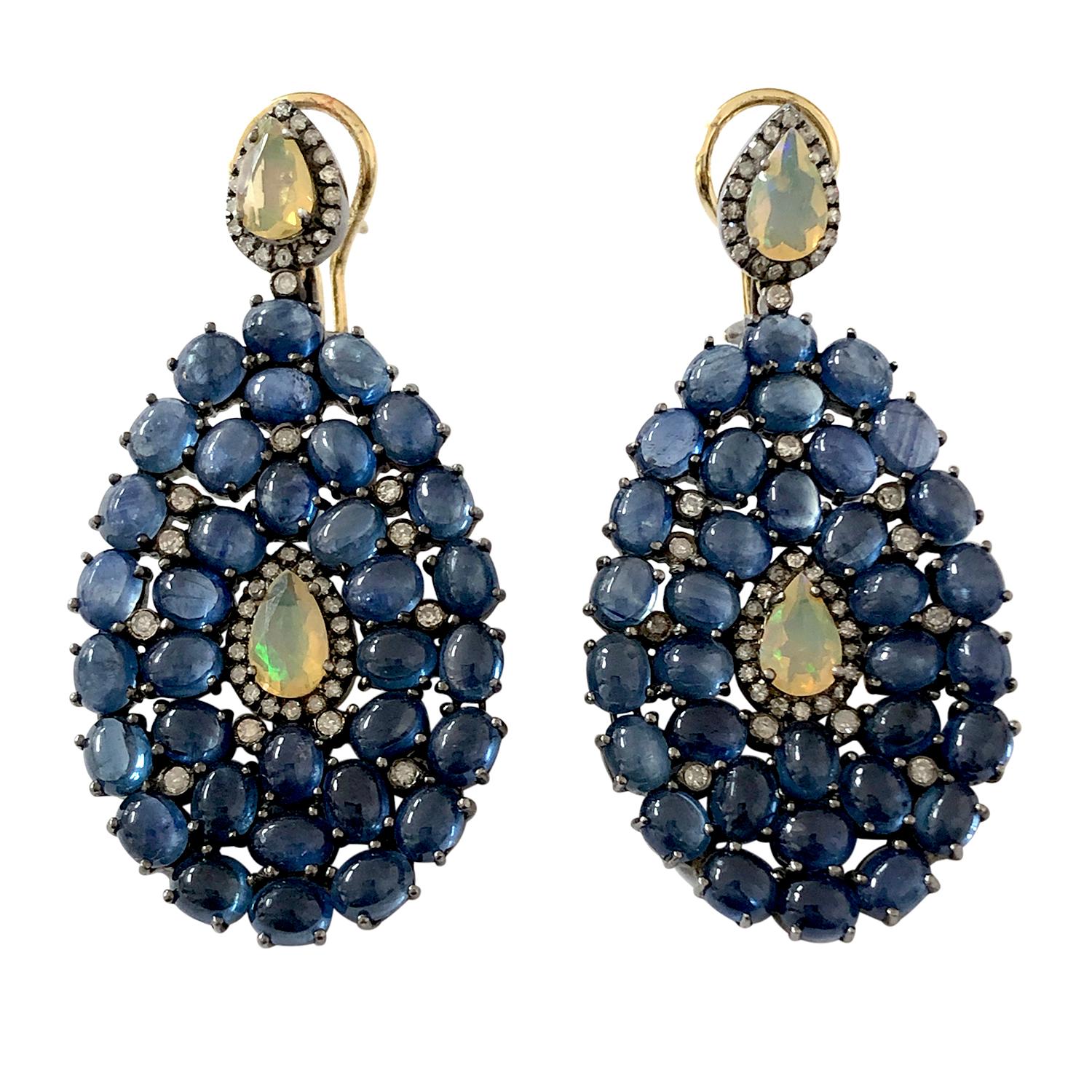 Cabochon 38.6 Carat Blue Sapphire Diamond Earrings For Sale