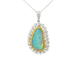 3.86 Carat Boulder Opal Diamond 18K White Yellow Gold Halo Pendant