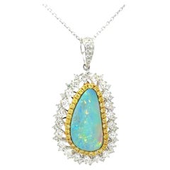 3.86 Carat Boulder Opal Diamond 18K White Yellow Gold Halo Pendant