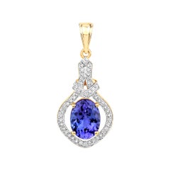 3.86 Carat Genuine Tanzanite and White Diamond 14 Karat Yellow Gold Pendant