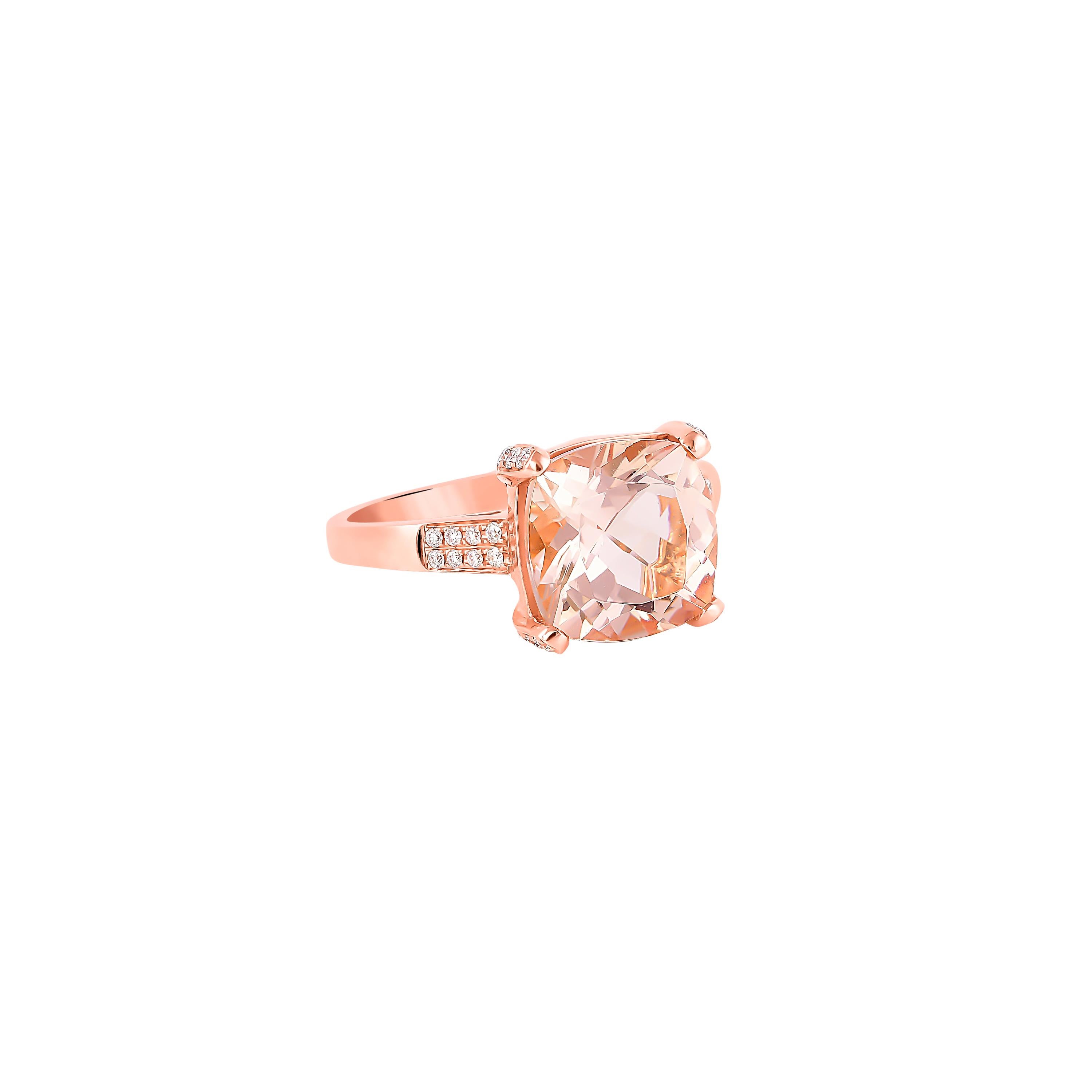 This collection features an array of magnificent morganites! Accented with diamonds these rings are made in rose gold and present a classic yet elegant look. 

Classic morganite ring in 18K rose gold with diamonds. 

Morganite: 3.86 carat cushion