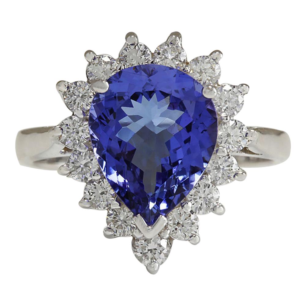 3.86 Carat Natural Tanzanite 18 Karat White Gold Diamond Ring For Sale