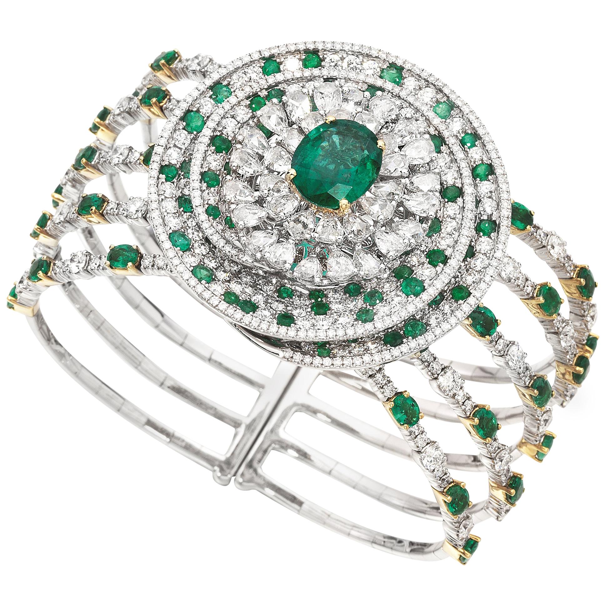 3.86 Carat Oval Emerald Diamond 18 Karat White Yellow Gold Cuff Bangle Brooch