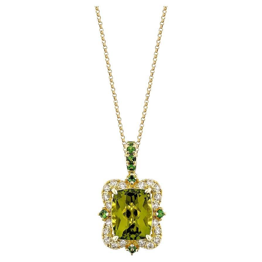 3.86 Carat Peridot Pendant in 18Karat Yellow Gold with Tsavorite and Diamond. For Sale