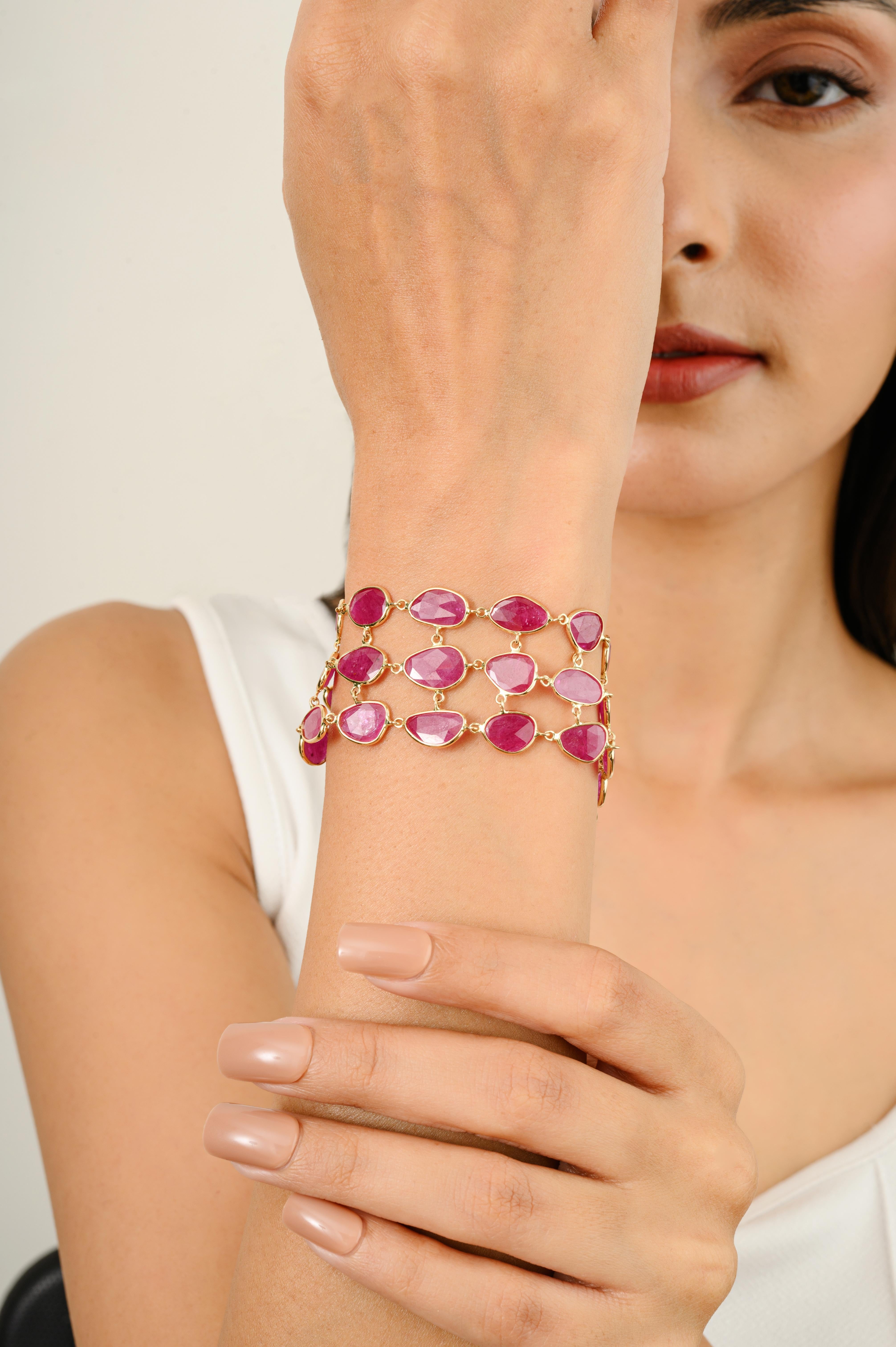Art Deco 38.6 Carat Uneven Ruby Wide Bracelet for Women in 14k Solid Yellow Gold For Sale