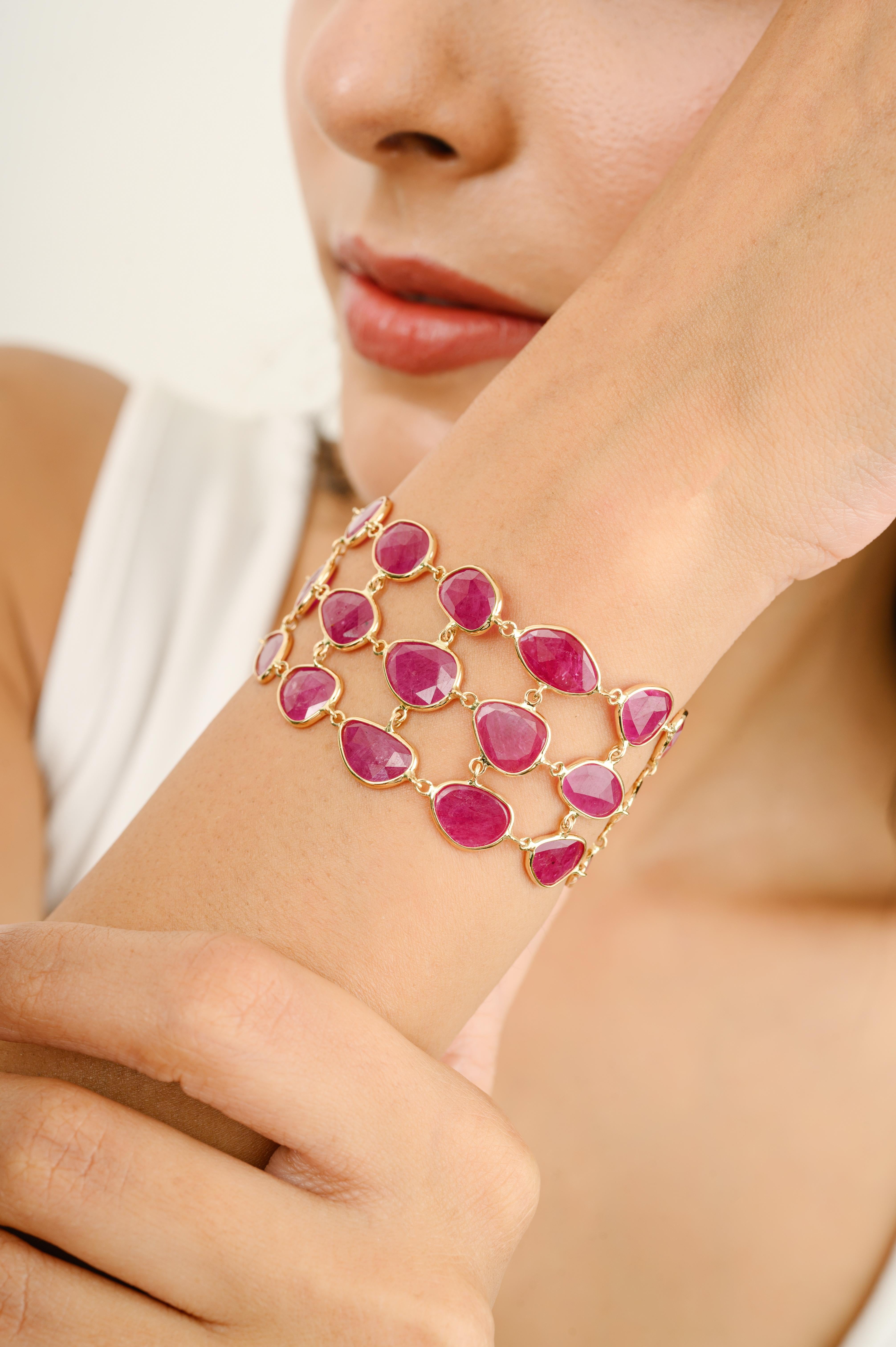 Mixed Cut 38.6 Carat Uneven Ruby Wide Bracelet for Women in 14k Solid Yellow Gold For Sale