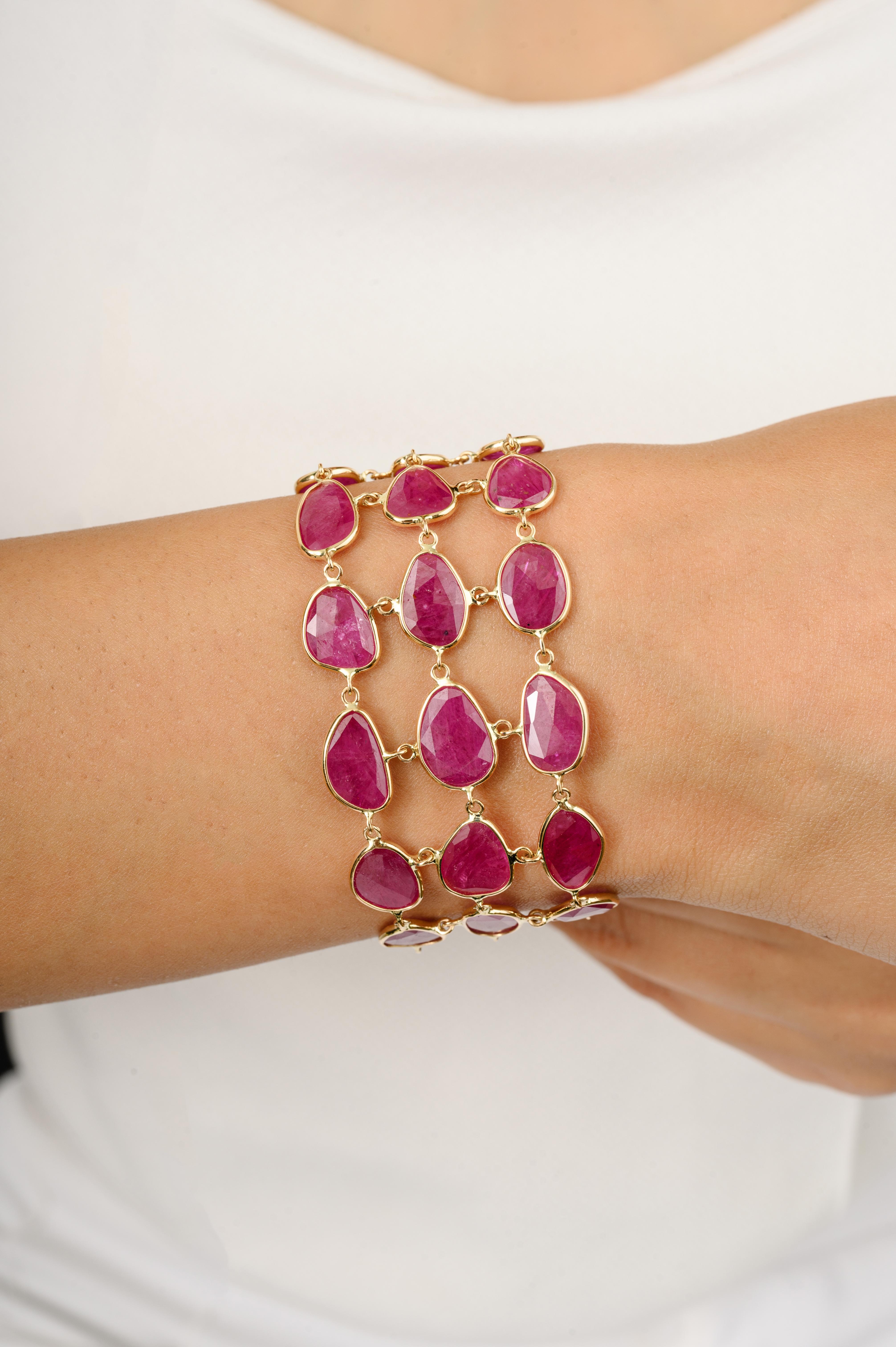 Women's 38.6 Carat Uneven Ruby Wide Bracelet for Women in 14k Solid Yellow Gold For Sale