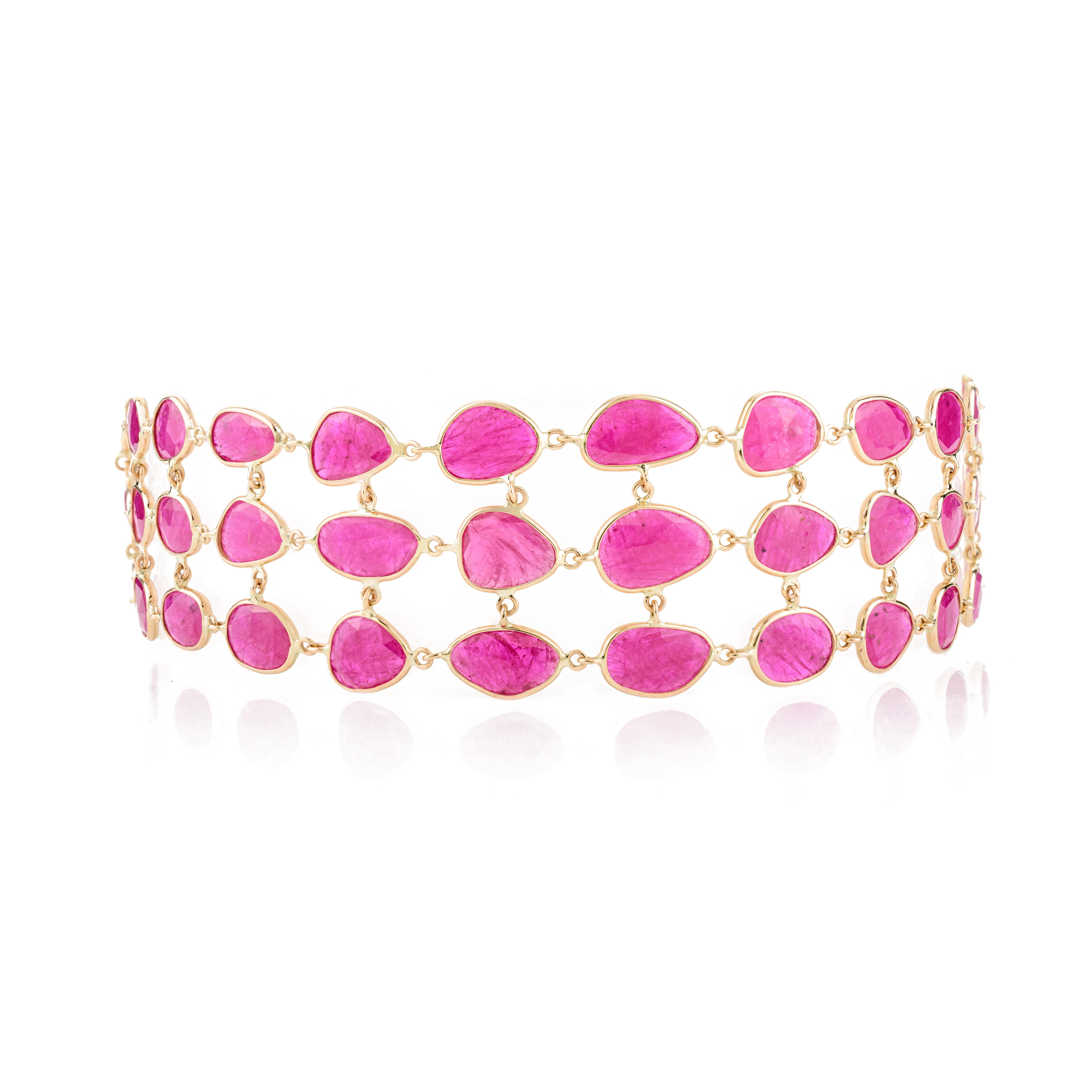 38.6 Carat Uneven Ruby Wide Bracelet for Women in 14k Solid Yellow Gold For Sale 1
