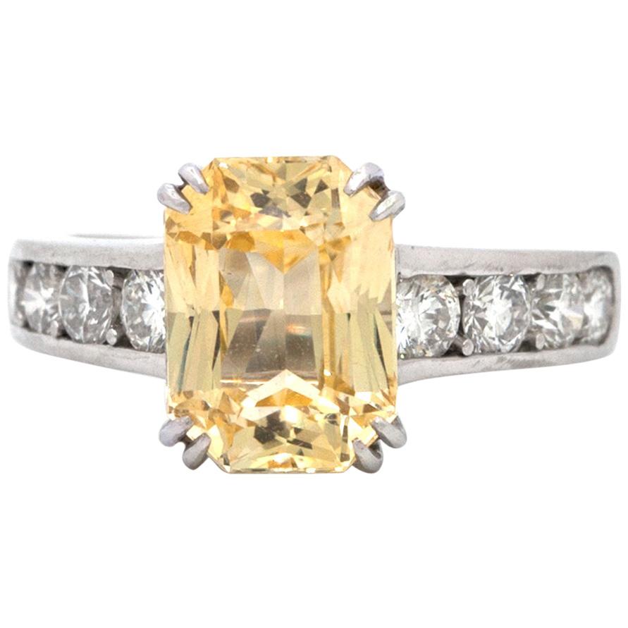 3.86 Carat Yellow Sapphire and Diamond Platinum Ring For Sale