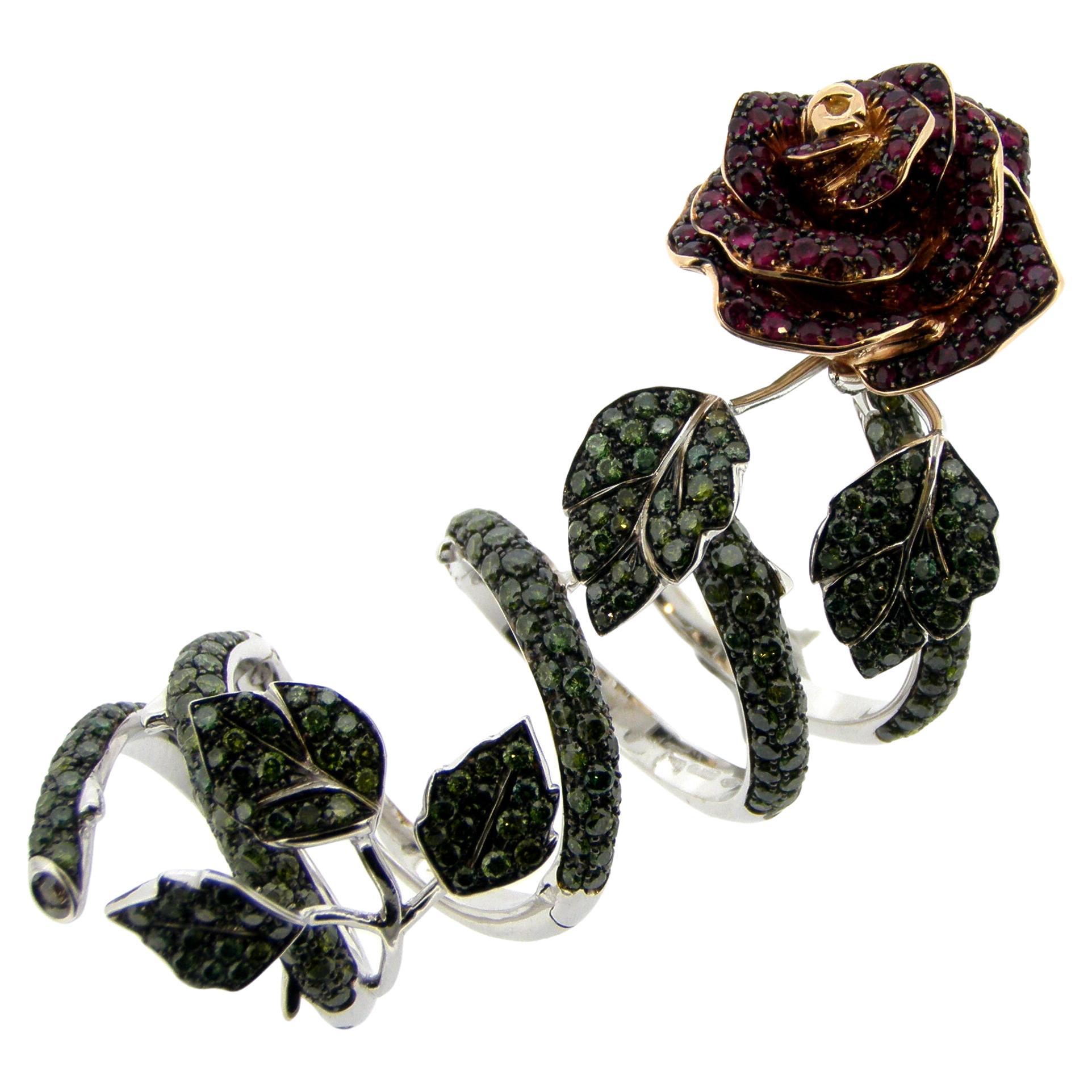 3.86 Ct Green Diamonds, Rubies and Brown Diamonds White Gold Spiral Rose Ring