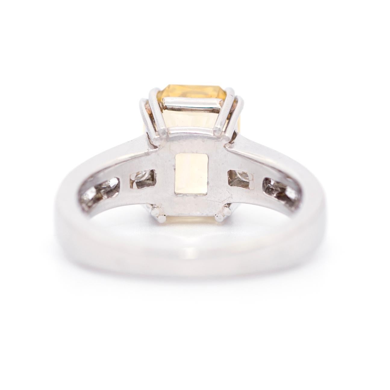 Contemporary 3.86 Carat Yellow Sapphire and Diamond Platinum Ring For Sale