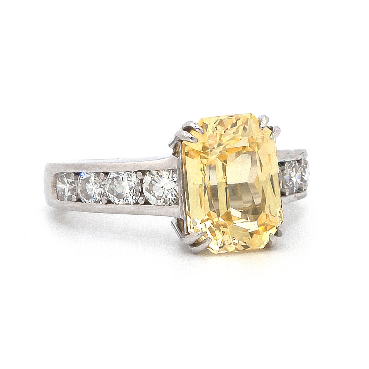 Emerald Cut 3.86 Carat Yellow Sapphire and Diamond Platinum Ring For Sale