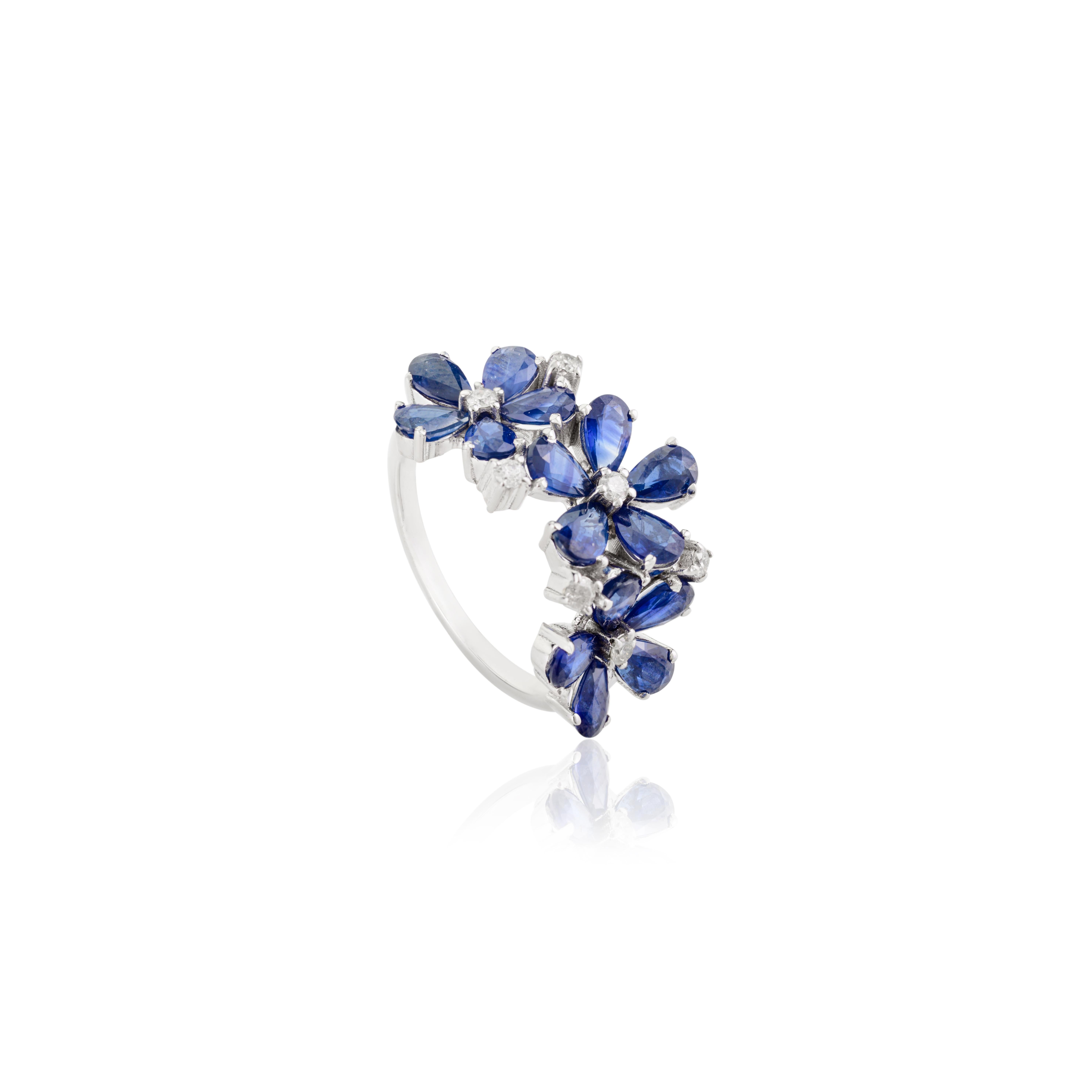 En vente :  Bague de mariage florale pour femmes en or blanc massif 18 carats avec saphir et diamants de 3,86 carats 3