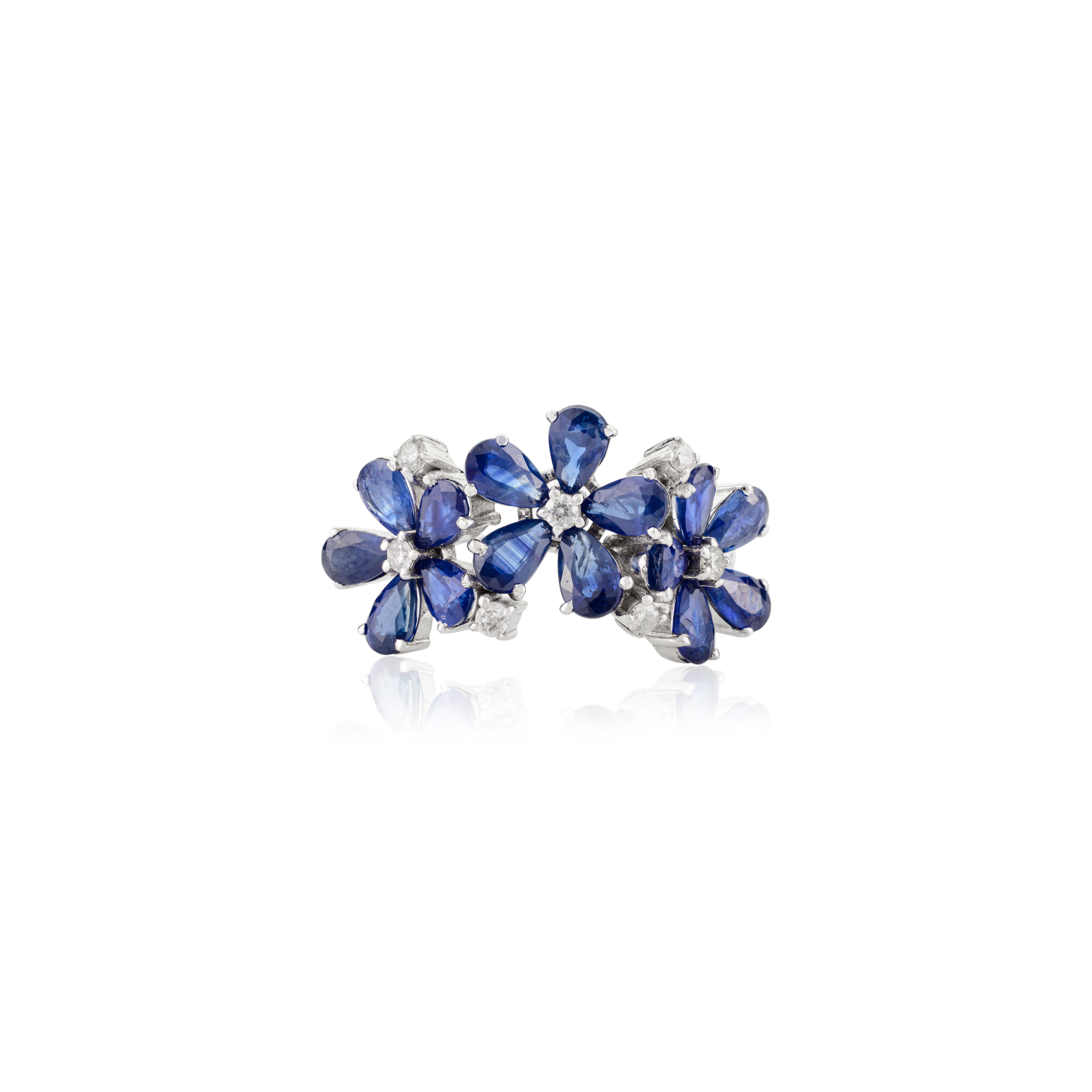En vente :  Bague de mariage florale pour femmes en or blanc massif 18 carats avec saphir et diamants de 3,86 carats 8