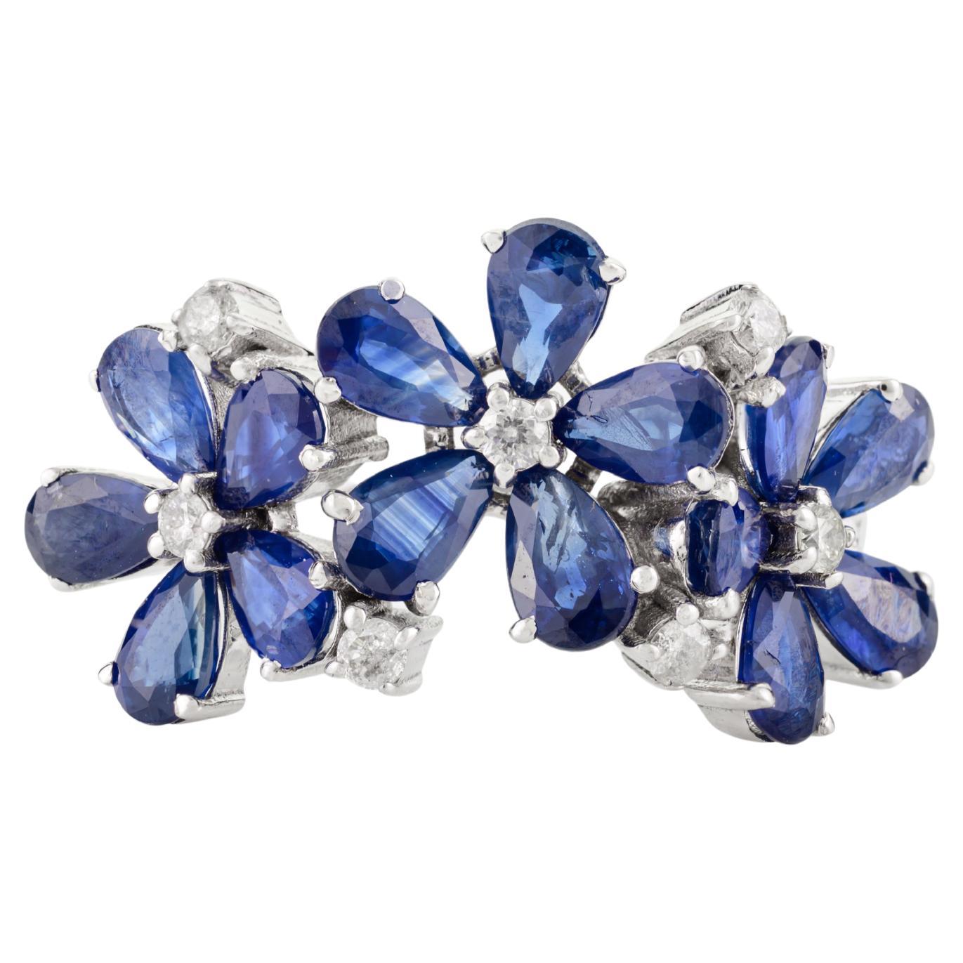 3.86 CTW Sapphire Diamond Floral Wedding Ring for Women in 18k Solid White Gold