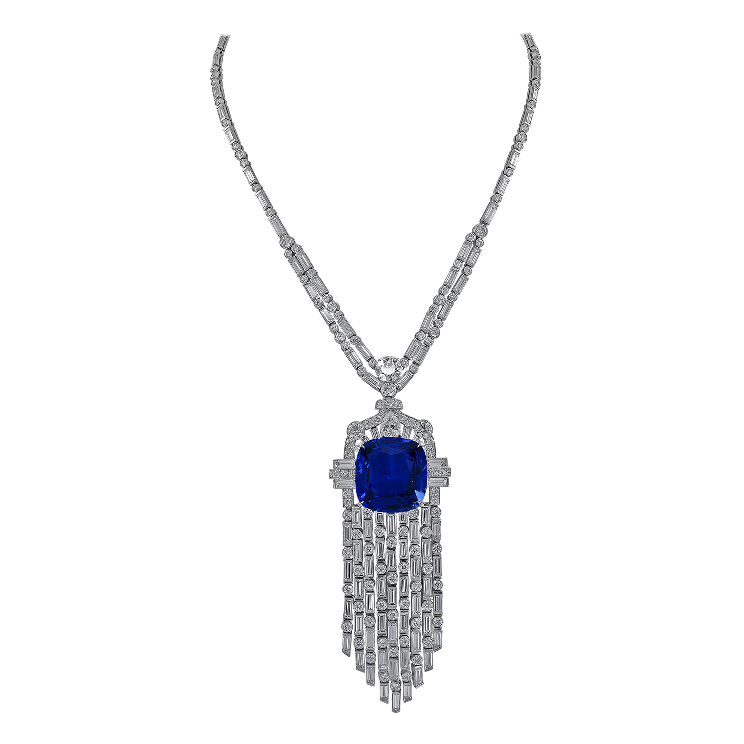 Spectra Fine Jewelry 38.60 Carat Ceylon Sapphire Diamond Platinum Necklace