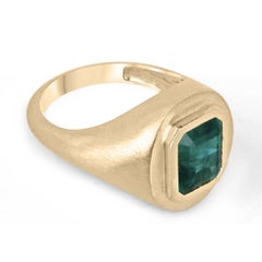 3.86ct 18K Deep Lush Green Emerald-Emerald Cut Solitaire Unisex Gold Bezel Ring