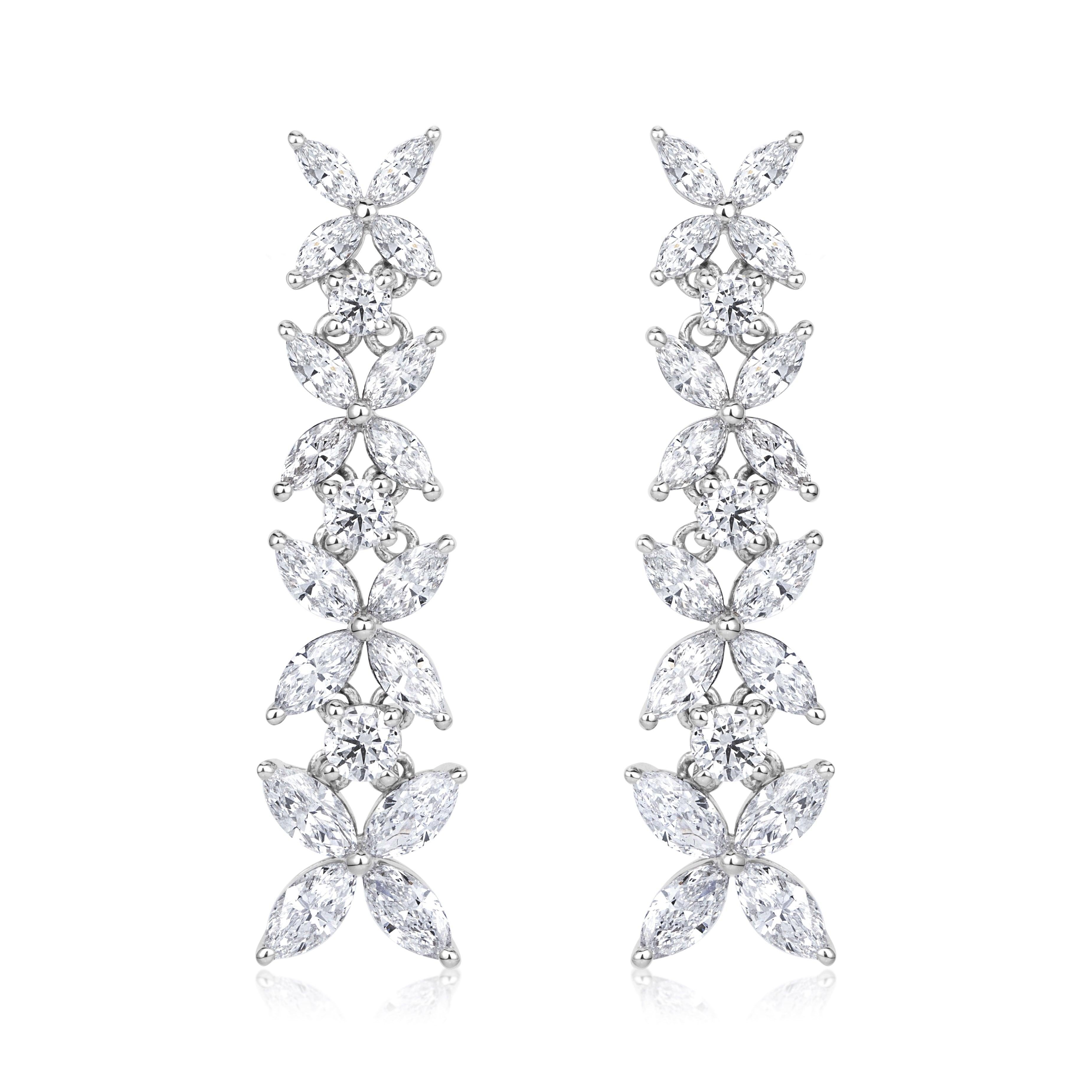 3.86ct Marquise Cut and Round Brilliant Cut Diamond Floral Dangle Earrings in For Sale