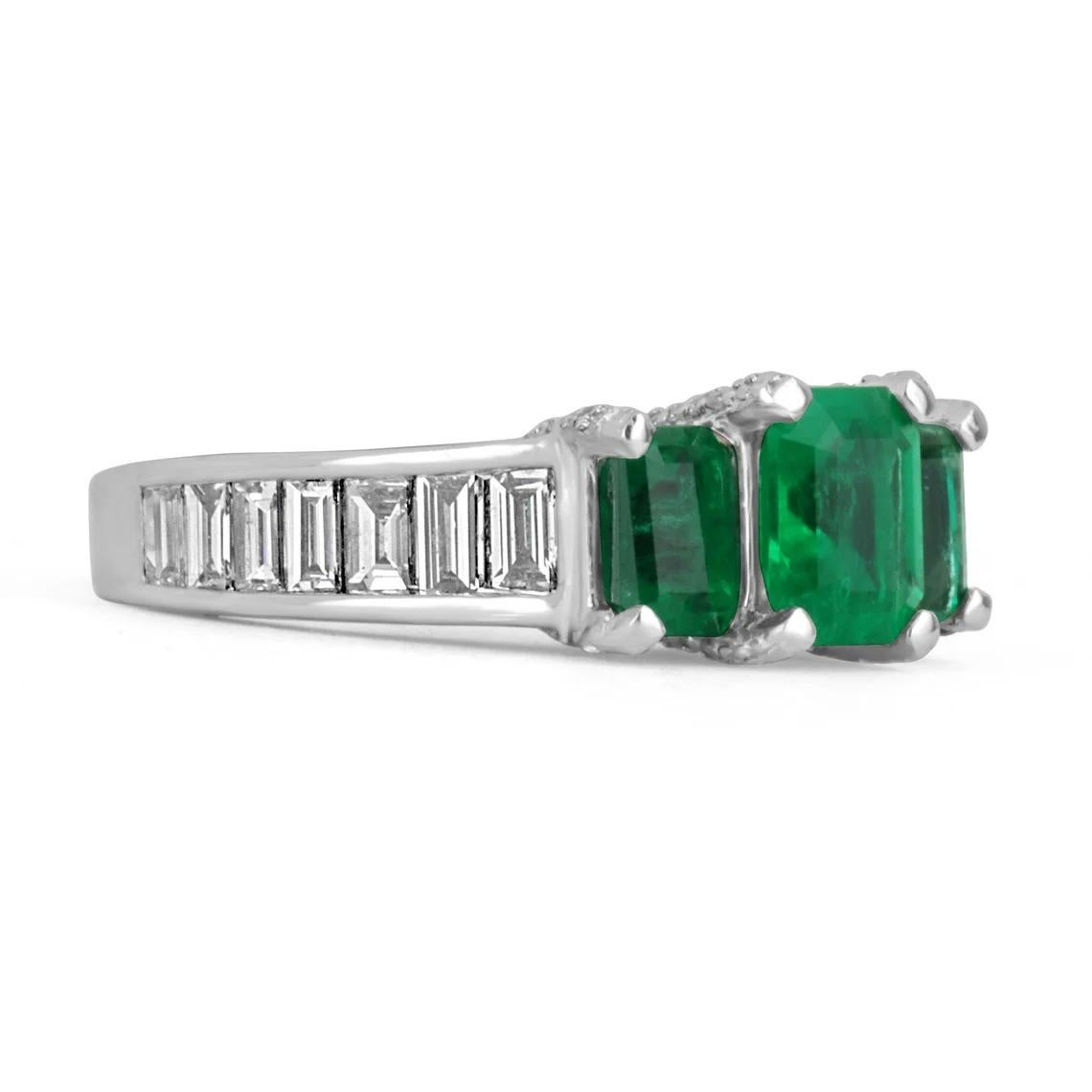 A remarkable Colombian emerald and diamond engagement ring. This gorgeous ring showcases three different, emerald-cut Colombian emeralds with impressive qualities. The gemstones display a ravishing and lustrous vivid dark green color, with a strong