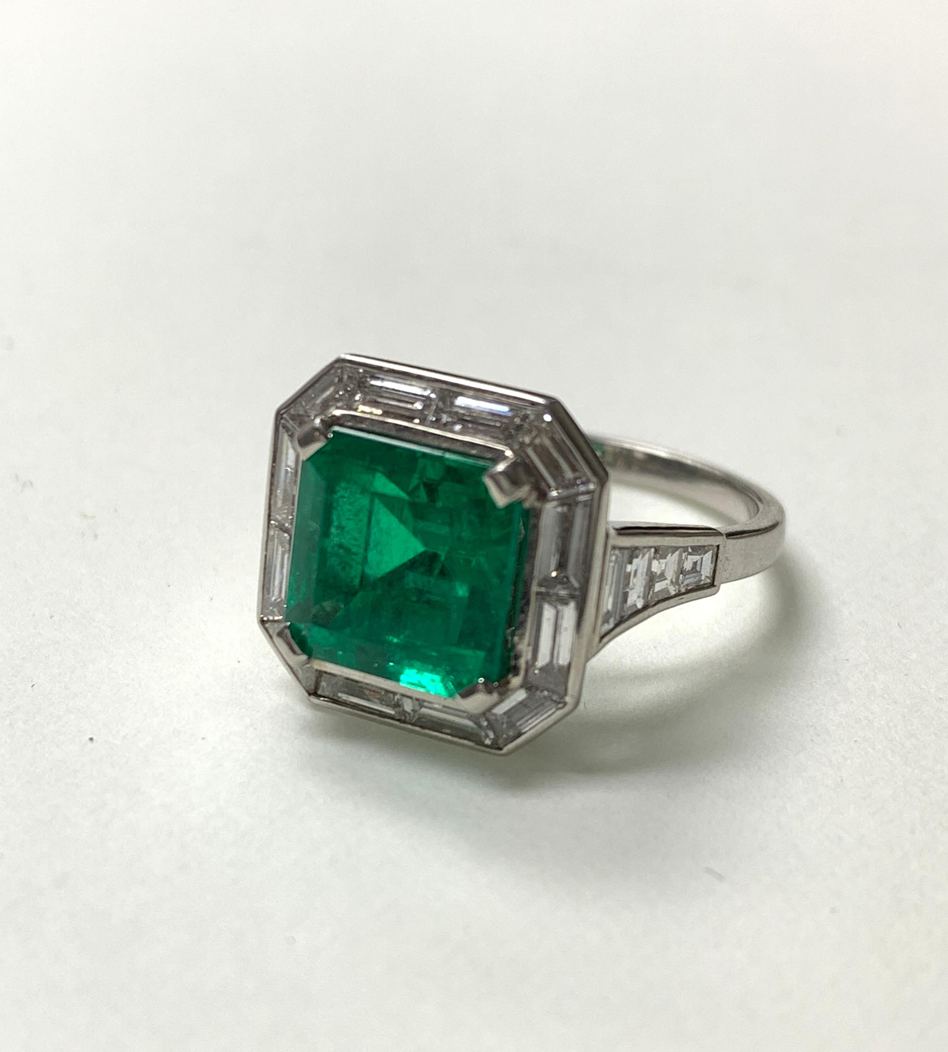 Emerald Cut 3.87 Carat Emerald and Diamond Ring in Platinum For Sale