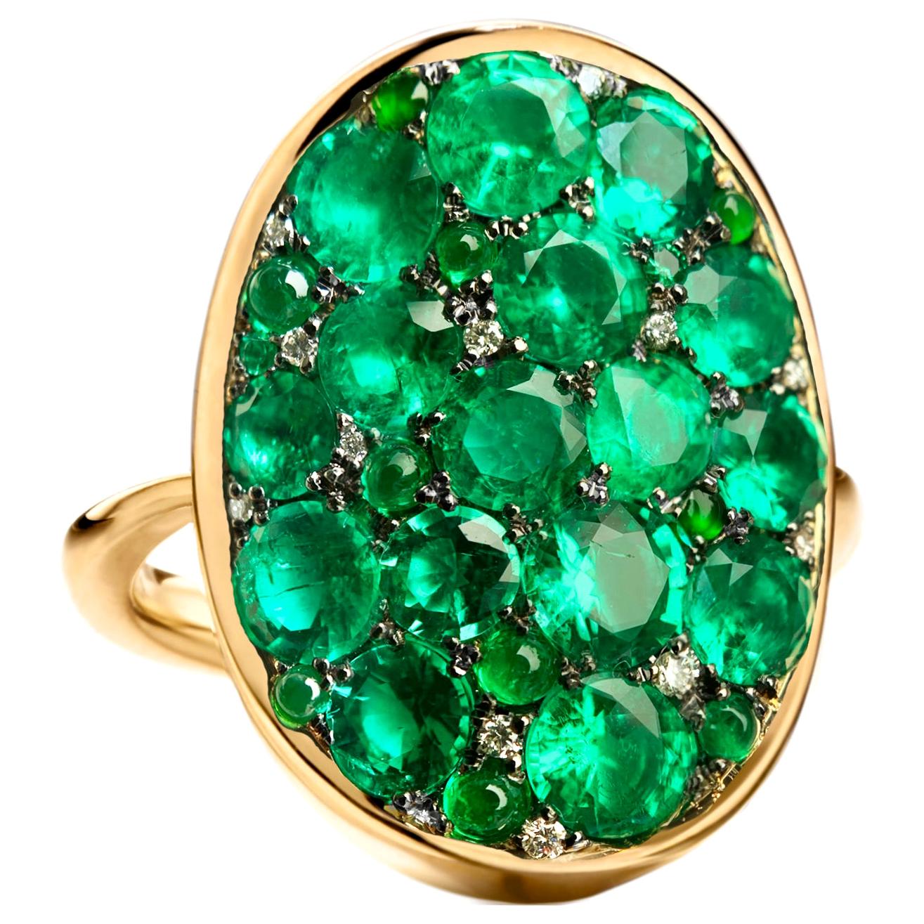 3.87 Carat Columbian Emerald, Diamond and Jadeite Pave Ring