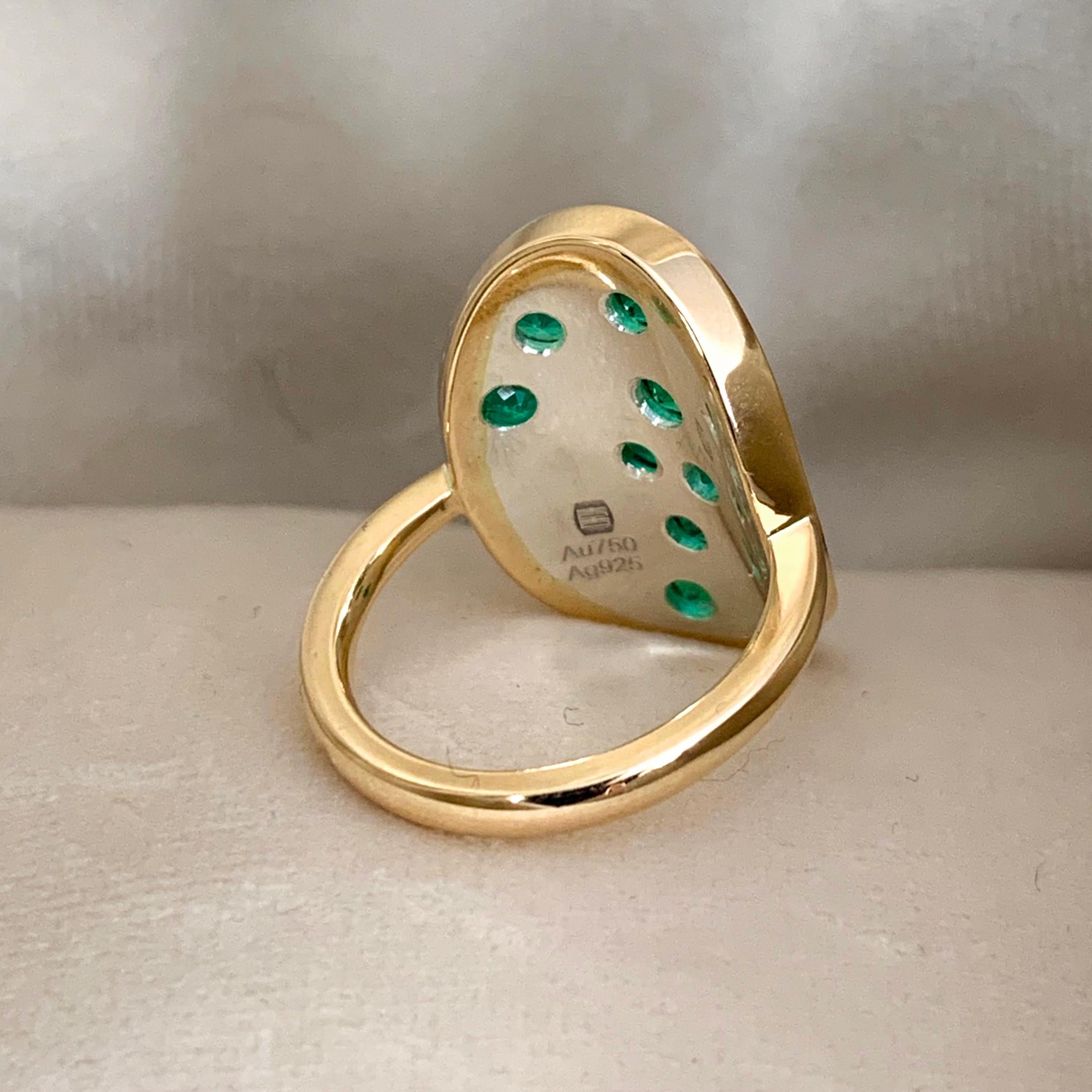 Round Cut 3.87 Carat Columbian Emerald, Diamond and Jadeite Pave Ring