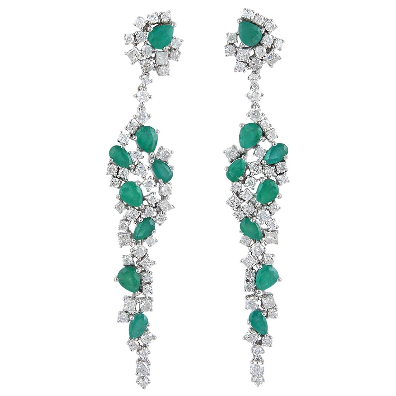 3.87 Carat Emerald 18 Karat White Gold Diamond Cluster Earrings For Sale