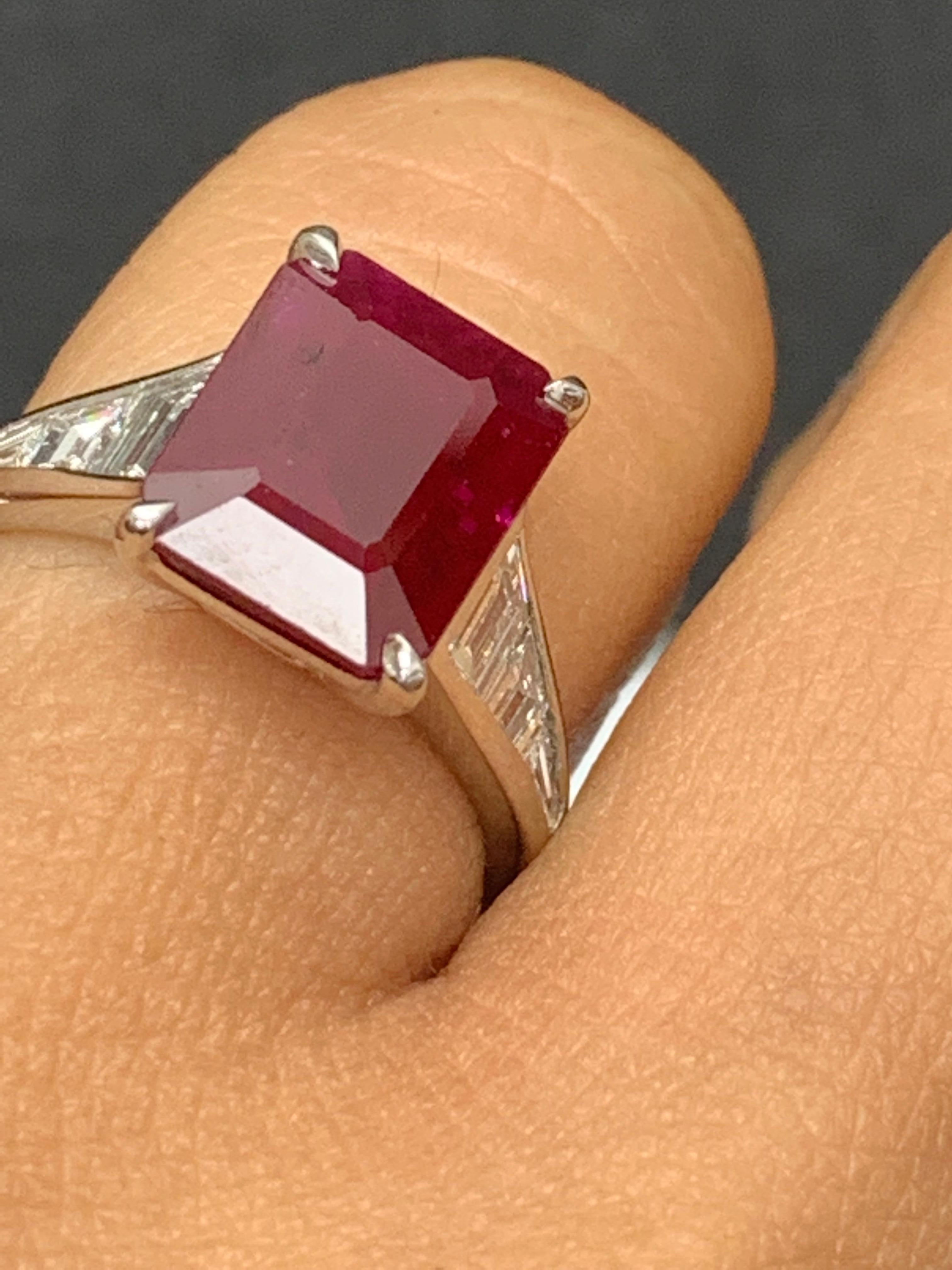 3.87 Carat Emerald Cut Ruby and Diamond Engagement Ring in Platinum For Sale 3