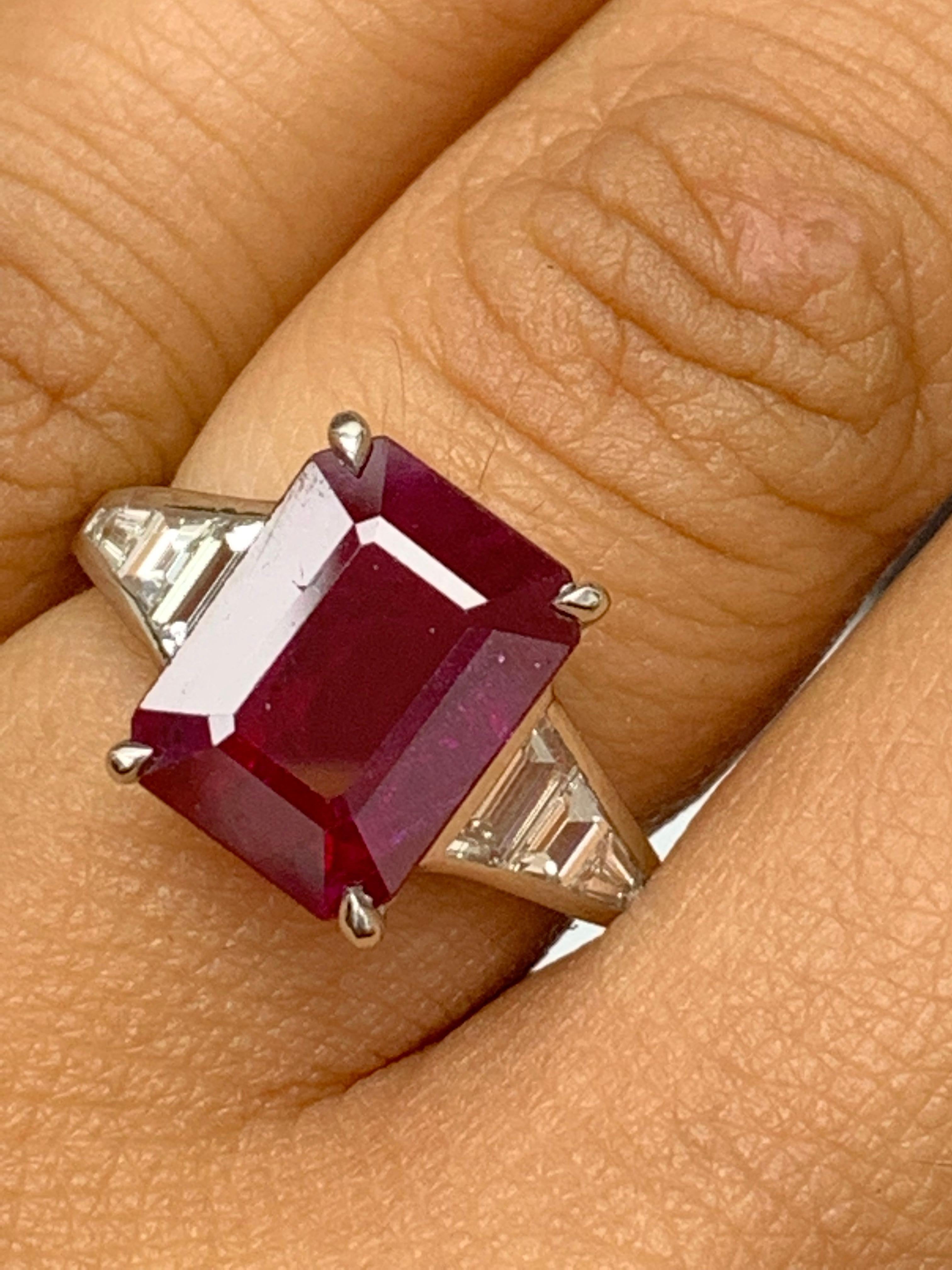 3.87 Carat Emerald Cut Ruby and Diamond Engagement Ring in Platinum For Sale 4