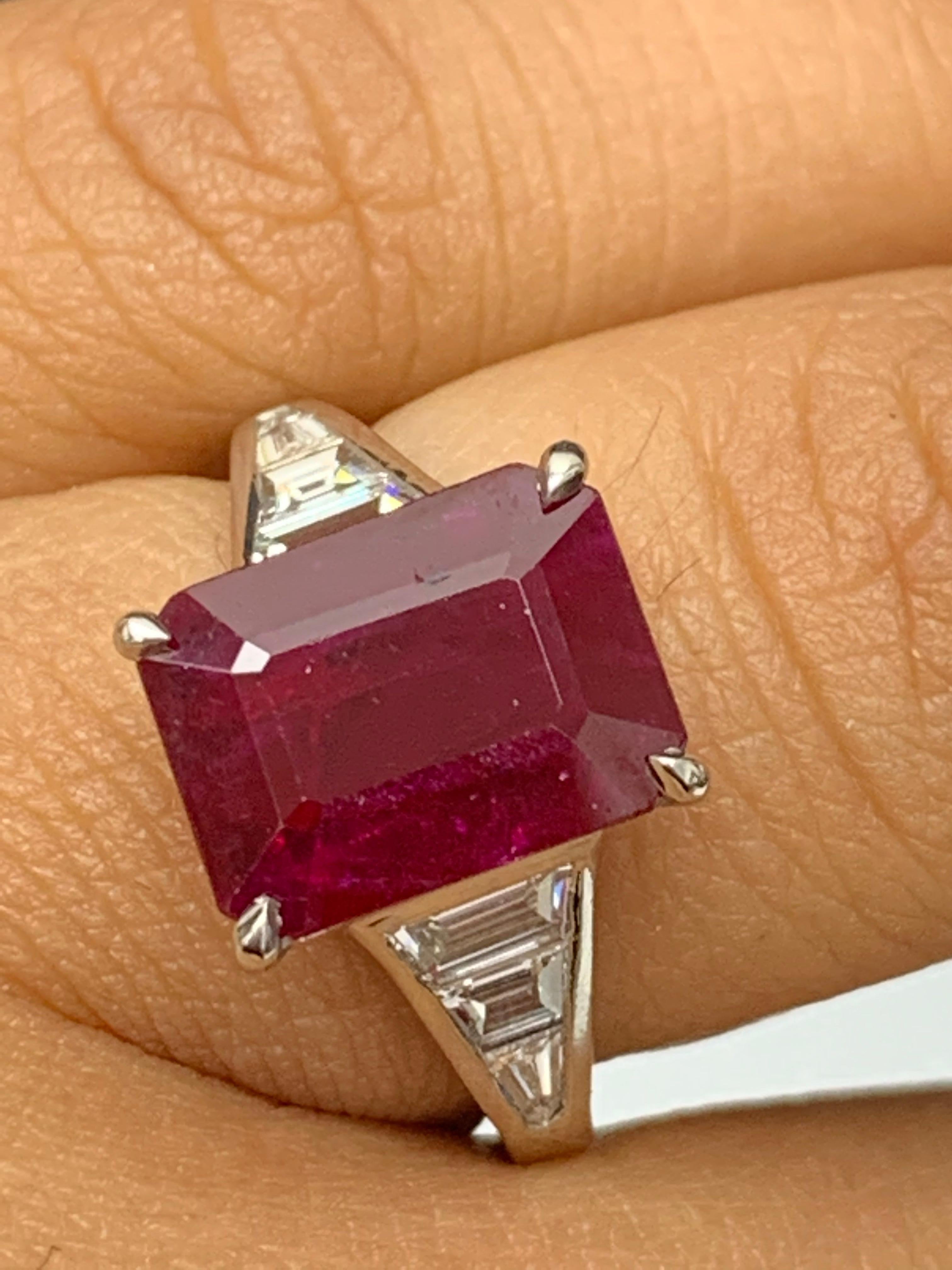 3.87 Carat Emerald Cut Ruby and Diamond Engagement Ring in Platinum For Sale 5