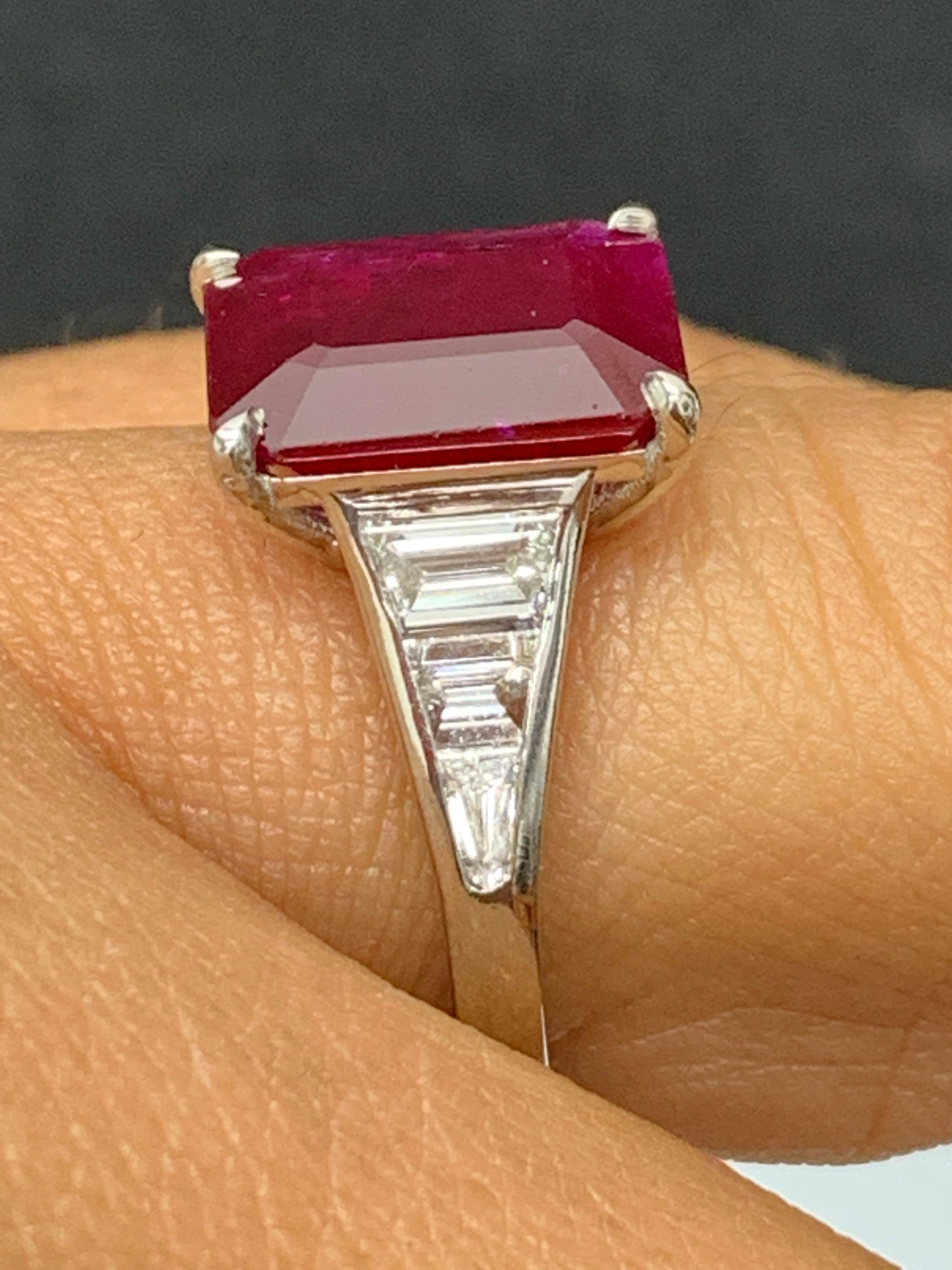 3.87 Carat Emerald Cut Ruby and Diamond Engagement Ring in Platinum For Sale 6