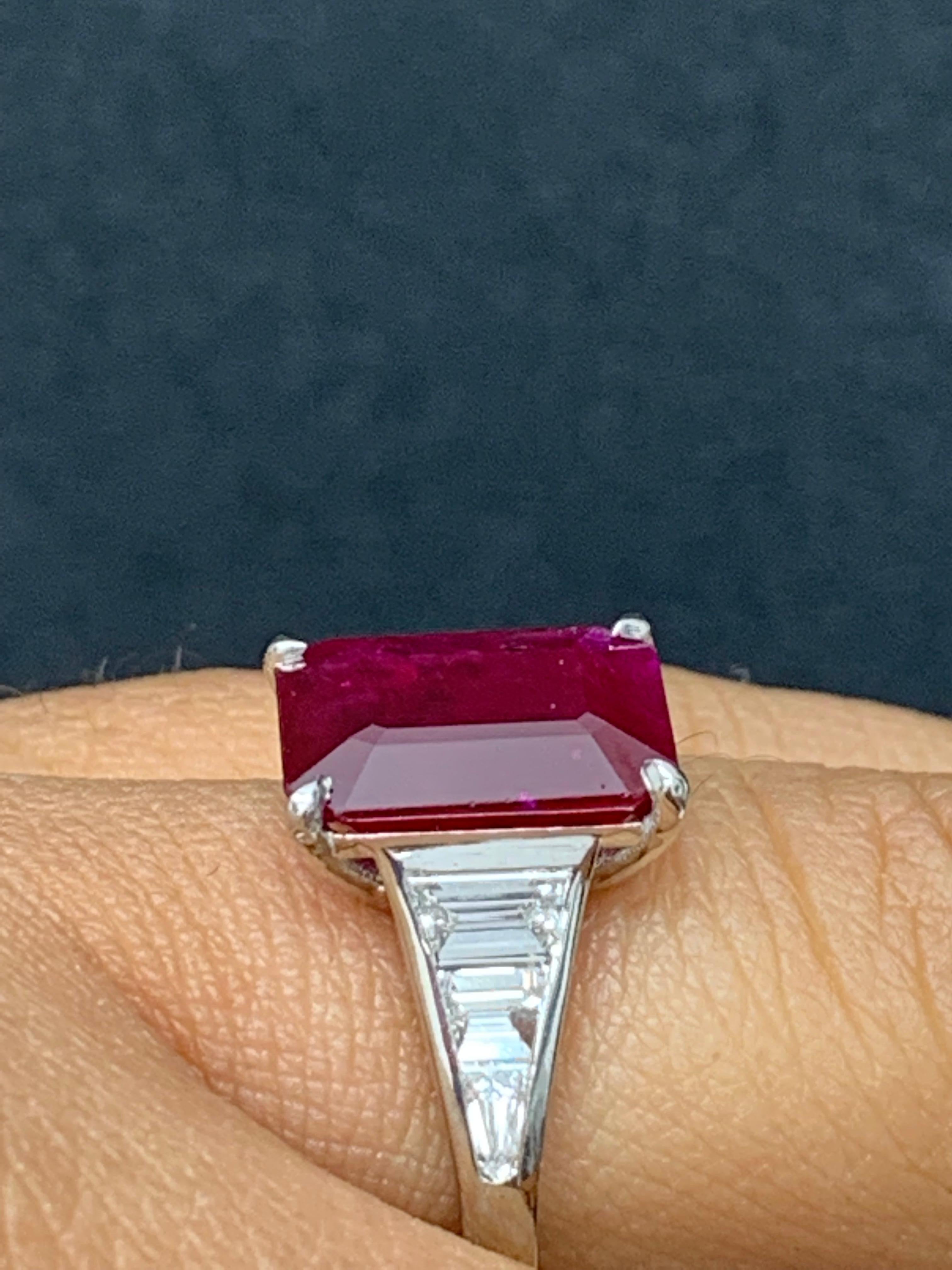 3.87 Carat Emerald Cut Ruby and Diamond Engagement Ring in Platinum For Sale 7