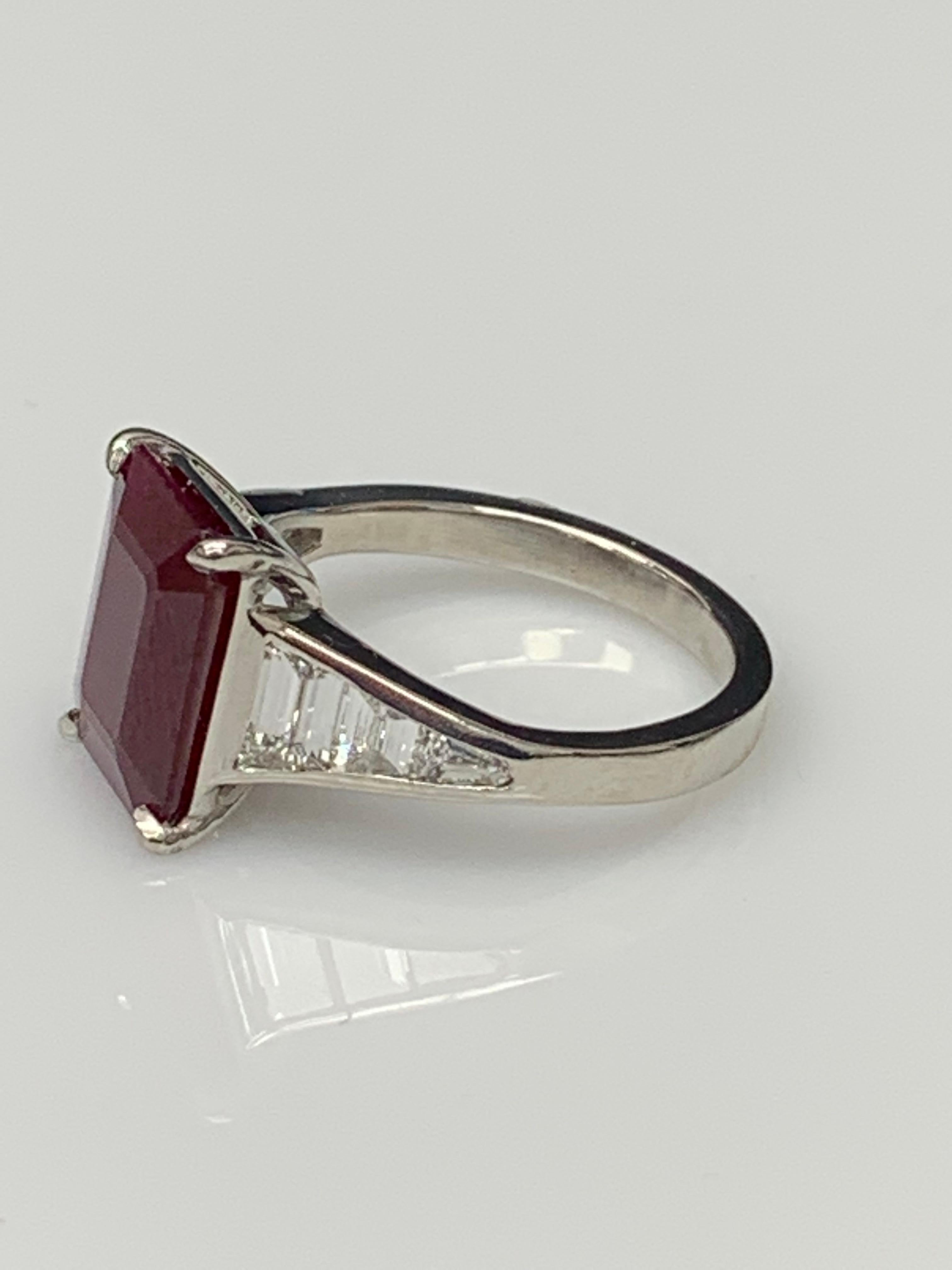3.87 Carat Emerald Cut Ruby and Diamond Engagement Ring in Platinum In New Condition For Sale In NEW YORK, NY