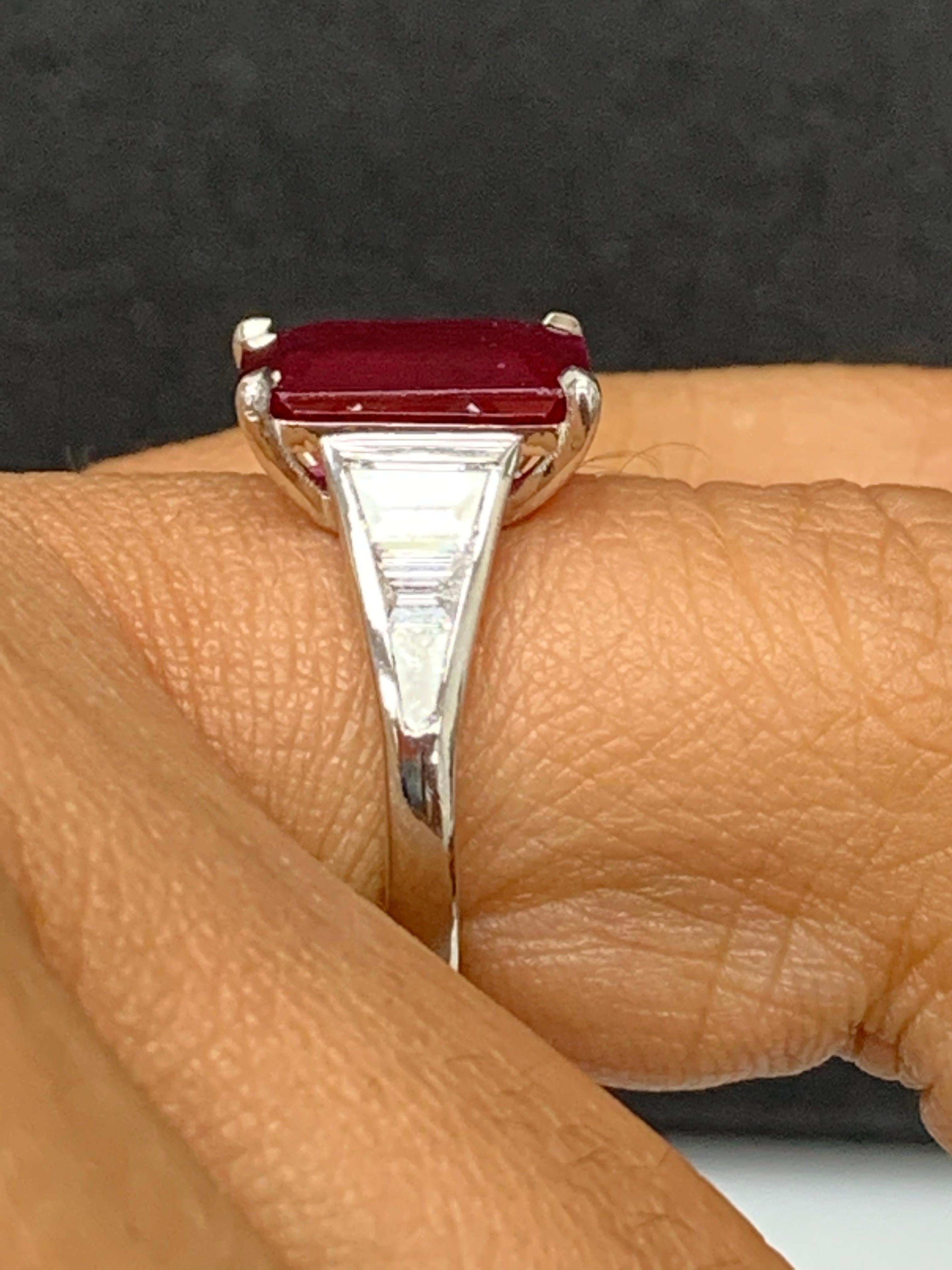 Women's 3.87 Carat Emerald Cut Ruby and Diamond Engagement Ring in Platinum For Sale