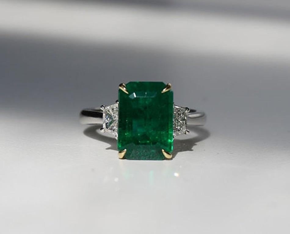 Emerald Cut 3.87 Carat Emerald EC Three Stone Ring For Sale