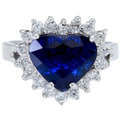 Retro 3.87 Carat Heart Shape Blue Sapphire and Diamond Halo Engagement Ring