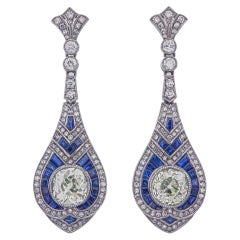 3.87 Carat Old Cut Diamond and Blue Sapphire Earrings in 18K White Gold