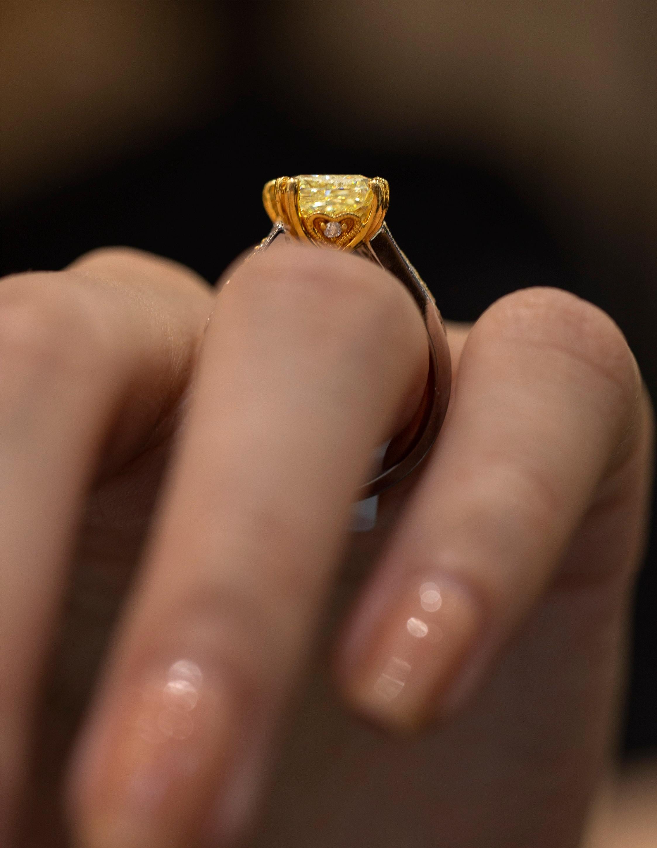 GIA Certified 3.87 Carats Radiant Cut Fancy Yellow Diamond Engagement Ring In New Condition For Sale In New York, NY
